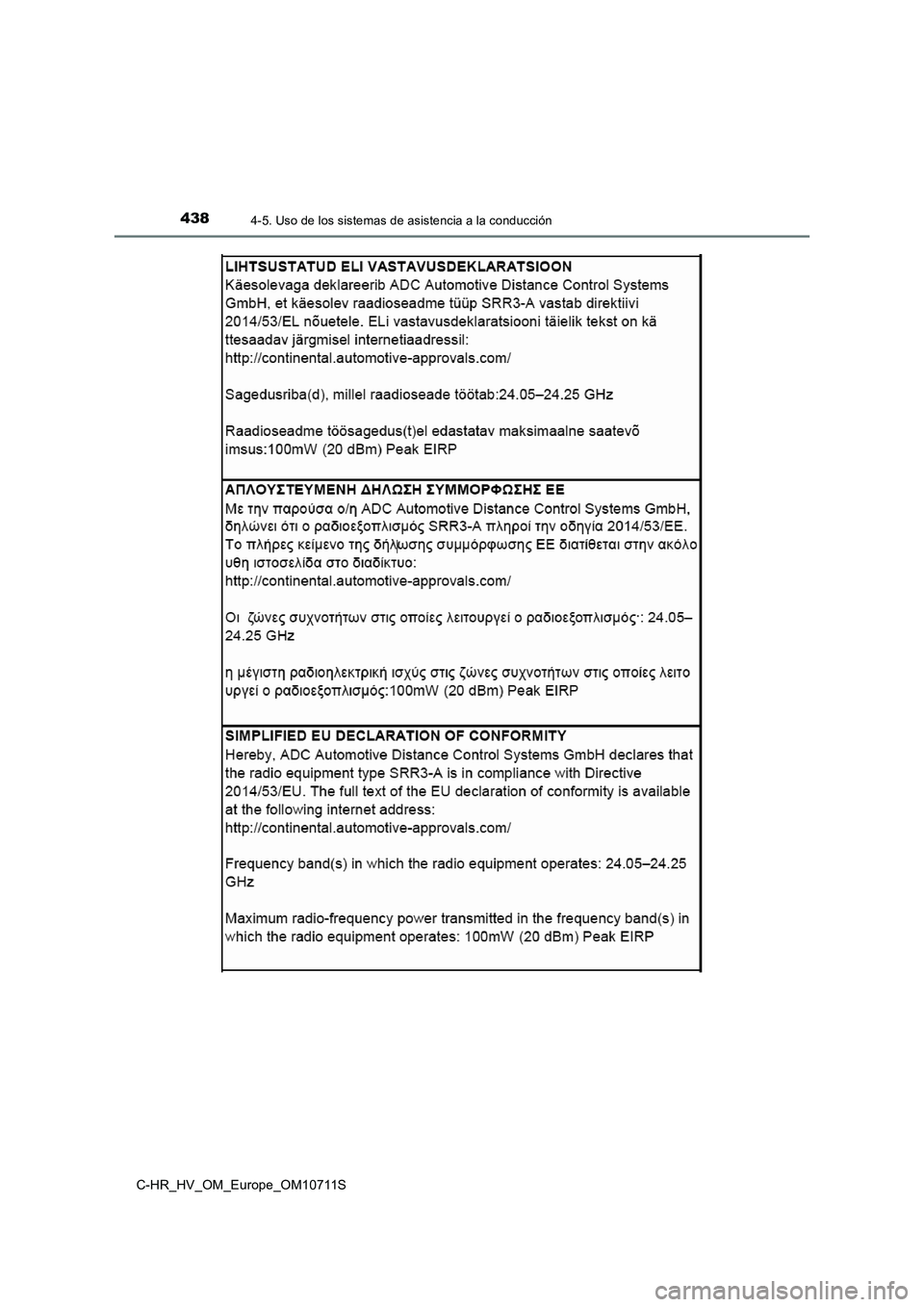 TOYOTA C-HR 2020  Manual del propietario (in Spanish) 4384-5. Uso de los sistemas de asistencia a la conducción
C-HR_HV_OM_Europe_OM10711S 