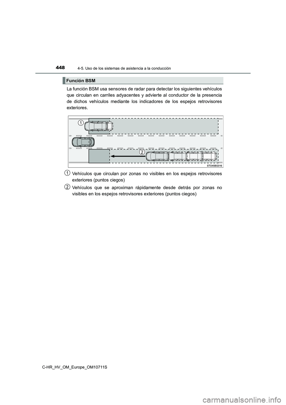 TOYOTA C-HR 2020  Manual del propietario (in Spanish) 4484-5. Uso de los sistemas de asistencia a la conducción
C-HR_HV_OM_Europe_OM10711S
La función BSM usa sensores de radar para detectar los siguientes vehículos 
que circulan en carriles adyacentes