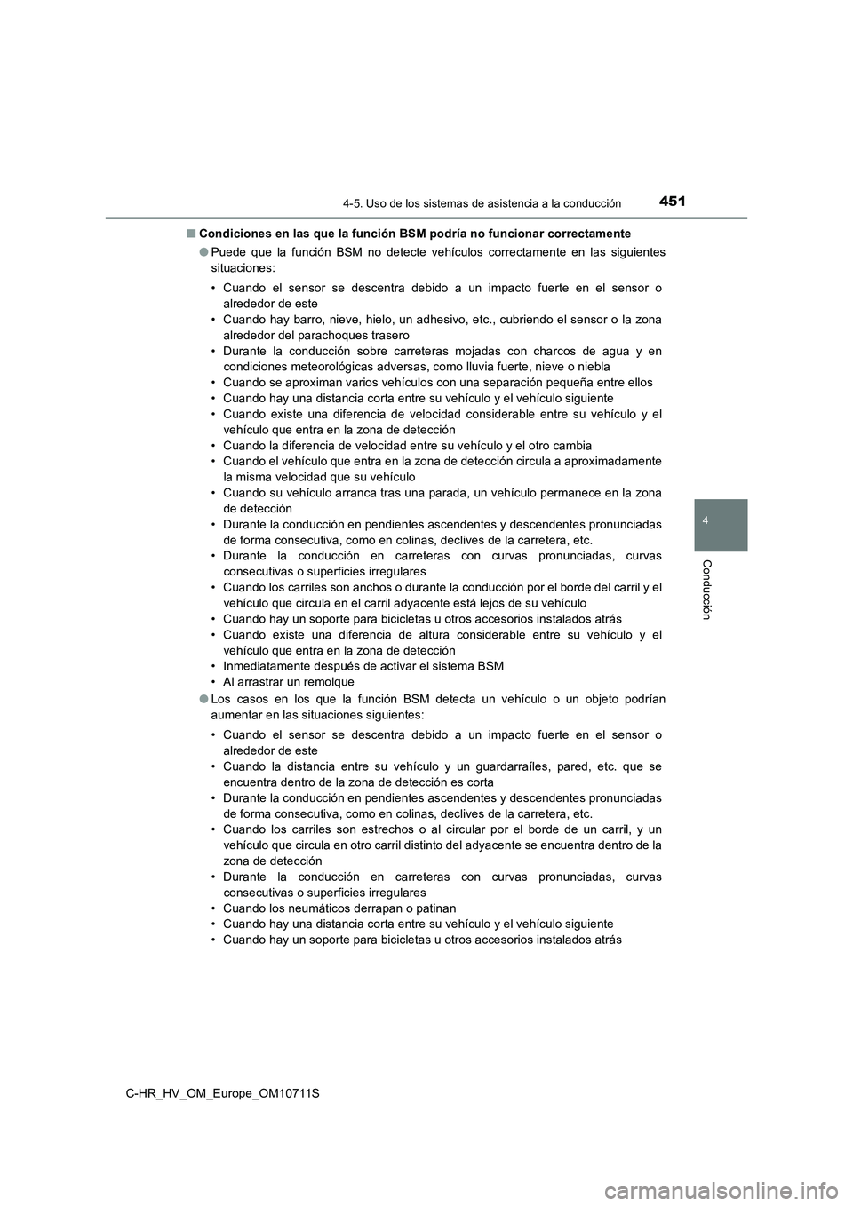 TOYOTA C-HR 2020  Manual del propietario (in Spanish) 4514-5. Uso de los sistemas de asistencia a la conducción
4
Conducción
C-HR_HV_OM_Europe_OM10711S■Condiciones en las que la función BSM podría no funcionar correctamente
●Puede que la función