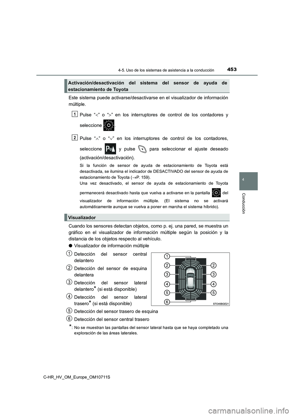 TOYOTA C-HR 2020  Manual del propietario (in Spanish) 4534-5. Uso de los sistemas de asistencia a la conducción
4
Conducción
C-HR_HV_OM_Europe_OM10711S
Este sistema puede activarse/desactivarse en el visualizador de información
múltiple.
Pulse “