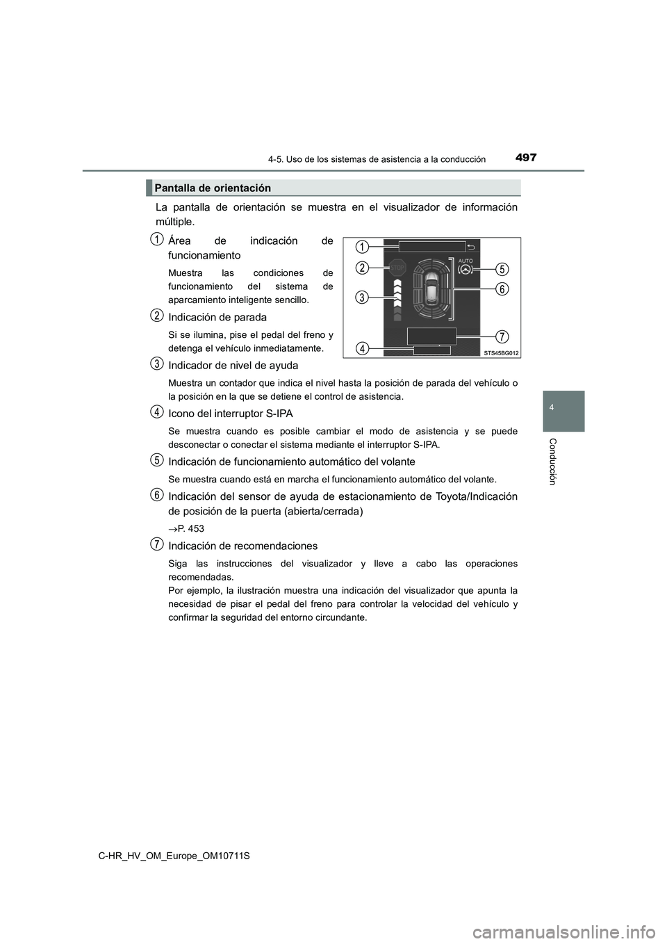 TOYOTA C-HR 2020 Manual del propietario (in Spanish) 4974-5. Uso de los sistemas de asistencia a la conducción
4
Conducción
C-HR_HV_OM_Europe_OM10711S
La pantalla de orientación se muestra en el visualizador de información
múltiple.
Área de indica TOYOTA C-HR 2020 Manual del propietario (in Spanish) 4974-5. Uso de los sistemas de asistencia a la conducción
4
Conducción
C-HR_HV_OM_Europe_OM10711S
La pantalla de orientación se muestra en el visualizador de información
múltiple.
Área de indica