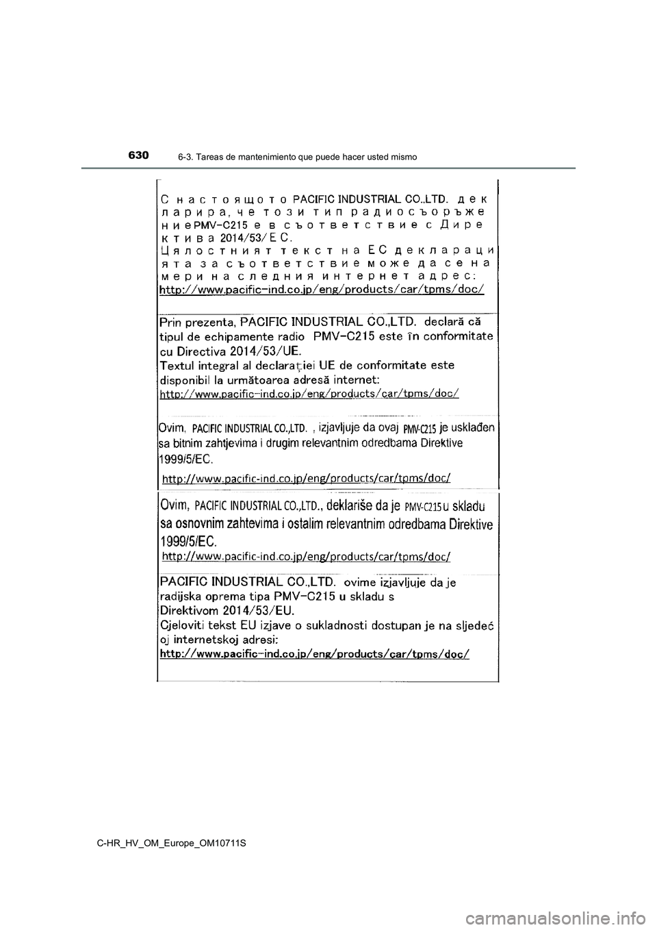 TOYOTA C-HR 2020  Manual del propietario (in Spanish) 6306-3. Tareas de mantenimiento que puede hacer usted mismo
C-HR_HV_OM_Europe_OM10711S 
