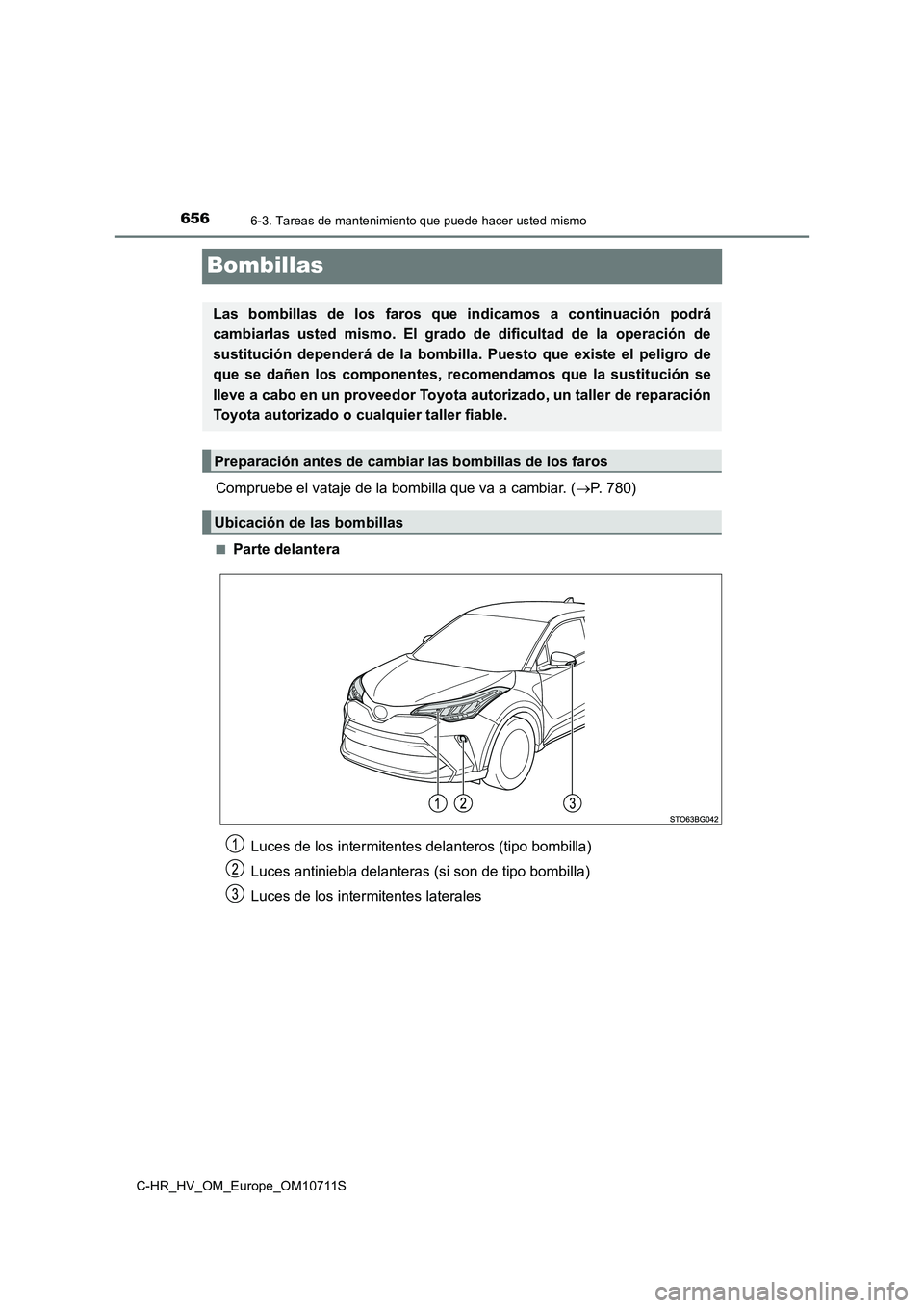 TOYOTA C-HR 2020  Manual del propietario (in Spanish) 6566-3. Tareas de mantenimiento que puede hacer usted mismo
C-HR_HV_OM_Europe_OM10711S
Bombillas
Compruebe el vataje de la bombilla que va a cambiar. (P. 780)
■Parte delantera
Las bombillas de lo