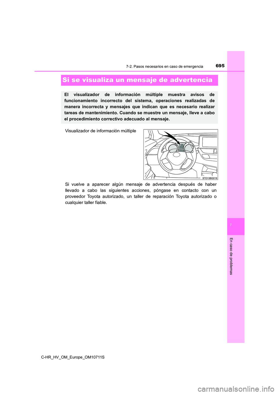 TOYOTA C-HR 2020 Manual del propietario (in Spanish) 6957-2. Pasos necesarios en caso de emergencia
C-HR_HV_OM_Europe_OM10711S
7
En caso de problemas
Si se visualiza un mensaje de advertencia
Visualizador de información múltiple
Si vuelve a aparecer TOYOTA C-HR 2020 Manual del propietario (in Spanish) 6957-2. Pasos necesarios en caso de emergencia
C-HR_HV_OM_Europe_OM10711S
7
En caso de problemas
Si se visualiza un mensaje de advertencia
Visualizador de información múltiple
Si vuelve a aparecer