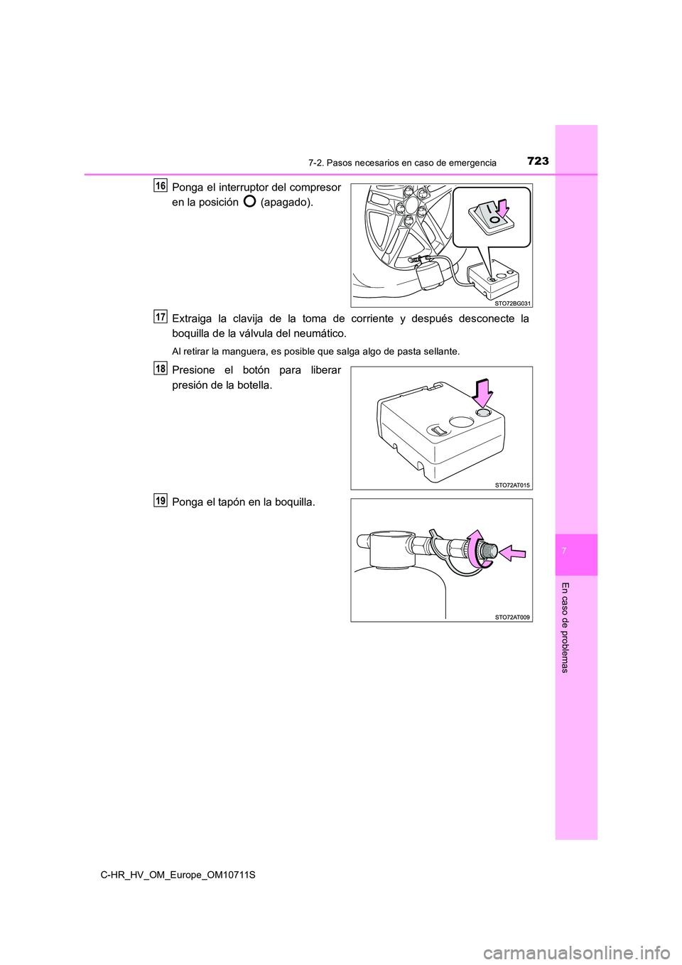 TOYOTA C-HR 2020 Manual del propietario (in Spanish) 7237-2. Pasos necesarios en caso de emergencia
C-HR_HV_OM_Europe_OM10711S
7
En caso de problemas
Ponga el interruptor del compresor
en la posición (apagado).
Extraiga la clavija de la toma de cor TOYOTA C-HR 2020 Manual del propietario (in Spanish) 7237-2. Pasos necesarios en caso de emergencia
C-HR_HV_OM_Europe_OM10711S
7
En caso de problemas
Ponga el interruptor del compresor
en la posición (apagado).
Extraiga la clavija de la toma de cor