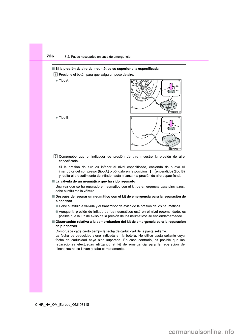 TOYOTA C-HR 2020 Manual del propietario (in Spanish) 7267-2. Pasos necesarios en caso de emergencia
C-HR_HV_OM_Europe_OM10711S
■Si la presión de aire del neumático es superior a la especificada
Presione el botón para que salga un poco de aire.
Co TOYOTA C-HR 2020 Manual del propietario (in Spanish) 7267-2. Pasos necesarios en caso de emergencia
C-HR_HV_OM_Europe_OM10711S
■Si la presión de aire del neumático es superior a la especificada
Presione el botón para que salga un poco de aire.
Co