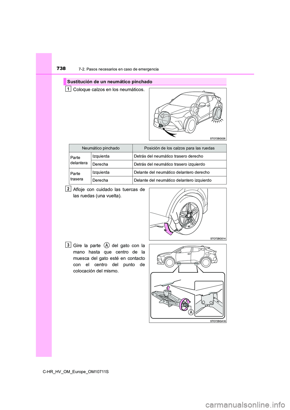 TOYOTA C-HR 2020 Manual del propietario (in Spanish) 7387-2. Pasos necesarios en caso de emergencia
C-HR_HV_OM_Europe_OM10711S
Coloque calzos en los neumáticos.
Afloje con cuidado las tuercas de
las ruedas (una vuelta).
Gire la parte del gato con TOYOTA C-HR 2020 Manual del propietario (in Spanish) 7387-2. Pasos necesarios en caso de emergencia
C-HR_HV_OM_Europe_OM10711S
Coloque calzos en los neumáticos.
Afloje con cuidado las tuercas de
las ruedas (una vuelta).
Gire la parte del gato con