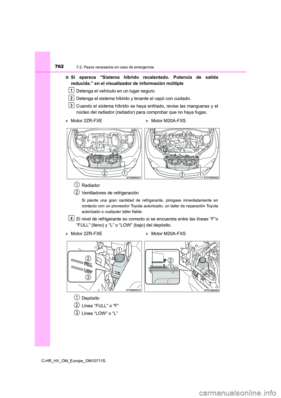 TOYOTA C-HR 2020 Manual del propietario (in Spanish) 7627-2. Pasos necesarios en caso de emergencia
C-HR_HV_OM_Europe_OM10711S
■Si aparece “Sistema híbrido recalentado. Potencia de salida
reducida.” en el visualizador de información múltiple TOYOTA C-HR 2020 Manual del propietario (in Spanish) 7627-2. Pasos necesarios en caso de emergencia
C-HR_HV_OM_Europe_OM10711S
■Si aparece “Sistema híbrido recalentado. Potencia de salida
reducida.” en el visualizador de información múltiple