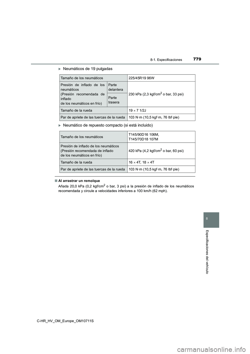 TOYOTA C-HR 2020 Manual del propietario (in Spanish) 7798-1. Especificaciones
C-HR_HV_OM_Europe_OM10711S
8
Especificaciones del vehículo
Neumáticos de 19 pulgadas
Neumático de repuesto compacto (si está incluido)
■Al arrastrar un remolque
A TOYOTA C-HR 2020 Manual del propietario (in Spanish) 7798-1. Especificaciones
C-HR_HV_OM_Europe_OM10711S
8
Especificaciones del vehículo
Neumáticos de 19 pulgadas
Neumático de repuesto compacto (si está incluido)
■Al arrastrar un remolque
A