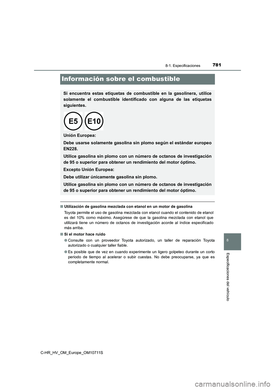 TOYOTA C-HR 2020 Manual del propietario (in Spanish) 7818-1. Especificaciones
8
Especificaciones del vehículo
C-HR_HV_OM_Europe_OM10711S
Información sobre el combustible
■Utilización de gasolina mezclada con etanol en un motor de gasolina
Toyota pe TOYOTA C-HR 2020 Manual del propietario (in Spanish) 7818-1. Especificaciones
8
Especificaciones del vehículo
C-HR_HV_OM_Europe_OM10711S
Información sobre el combustible
■Utilización de gasolina mezclada con etanol en un motor de gasolina
Toyota pe