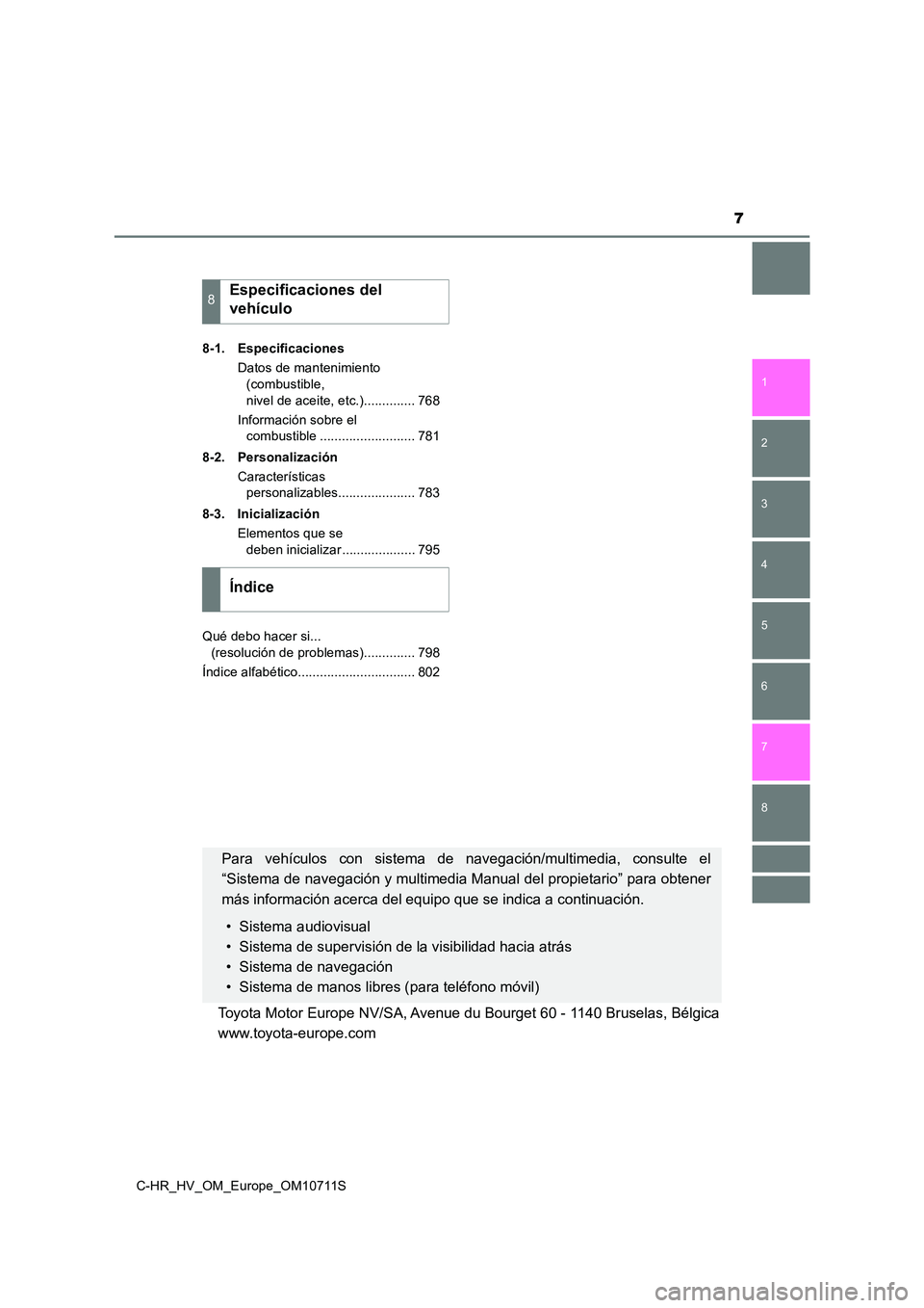 TOYOTA C-HR 2020  Manual del propietario (in Spanish) 7
1 
5 
4
3
2
C-HR_HV_OM_Europe_OM10711S
8
7
6
8-1. Especificaciones 
Datos de mantenimiento  
(combustible,  
nivel de aceite, etc.).............. 768 
Información sobre el  
combustible ...........