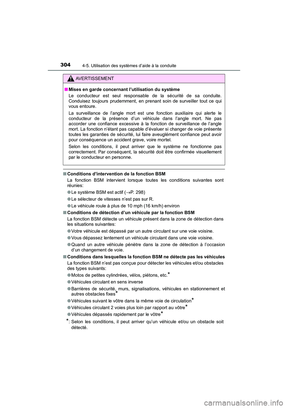 TOYOTA C-HR 2021 Manuel du propriétaire (in French) 3044-5. Utilisation des systèmes d’aide à la conduite
C-HR_OM_USA_OM10684D
■Conditions d’intervention de la fonction BSM
La fonction BSM intervient lorsque toutes les conditions suivantes sont TOYOTA C-HR 2021 Manuel du propriétaire (in French) 3044-5. Utilisation des systèmes d’aide à la conduite
C-HR_OM_USA_OM10684D
■Conditions d’intervention de la fonction BSM
La fonction BSM intervient lorsque toutes les conditions suivantes sont