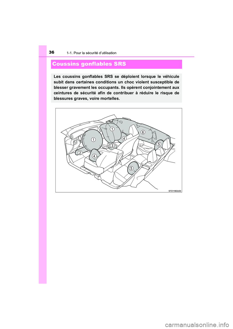 TOYOTA C-HR 2021  Manuel du propriétaire (in French) 361-1. Pour la sécurité d’utilisation
C-HR_OM_USA_OM10684D
Coussins gonflables SRS
Les coussins gonflables SRS se déploient lorsque le véhicule
subit dans certaines conditions un choc violent su