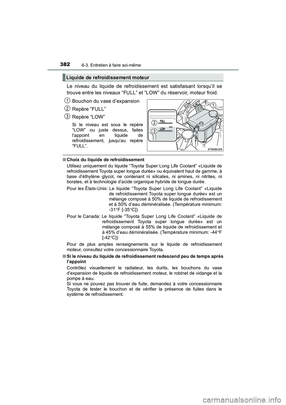 TOYOTA C-HR 2021 Manuel du propriétaire (in French) 3826-3. Entretien à faire soi-même
C-HR_OM_USA_OM10684D
Le niveau du liquide de refroidissement est satisfaisant lorsqu’il se
trouve entre les niveaux “FULL” et “LOW” du réservoir, moteur TOYOTA C-HR 2021 Manuel du propriétaire (in French) 3826-3. Entretien à faire soi-même
C-HR_OM_USA_OM10684D
Le niveau du liquide de refroidissement est satisfaisant lorsqu’il se
trouve entre les niveaux “FULL” et “LOW” du réservoir, moteur