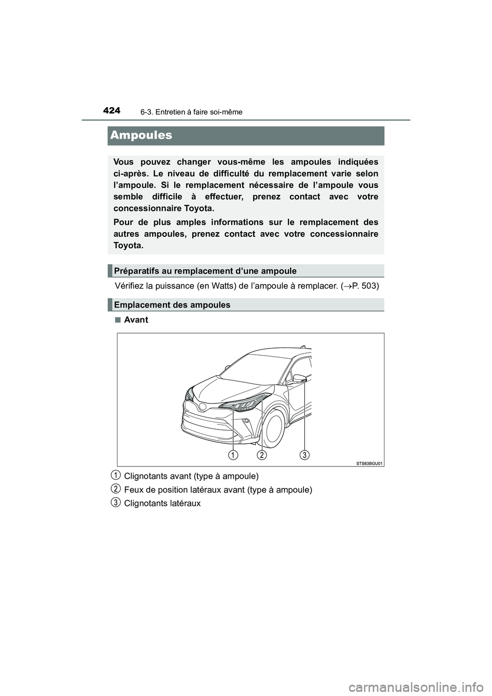 TOYOTA C-HR 2021  Manuel du propriétaire (in French) 4246-3. Entretien à faire soi-même
C-HR_OM_USA_OM10684D
Ampoules
Vérifiez la puissance (en Watts) de l’ampoule à remplacer. (P. 503)
■Avant
Clignotants avant (type à ampoule)
Feux de posit