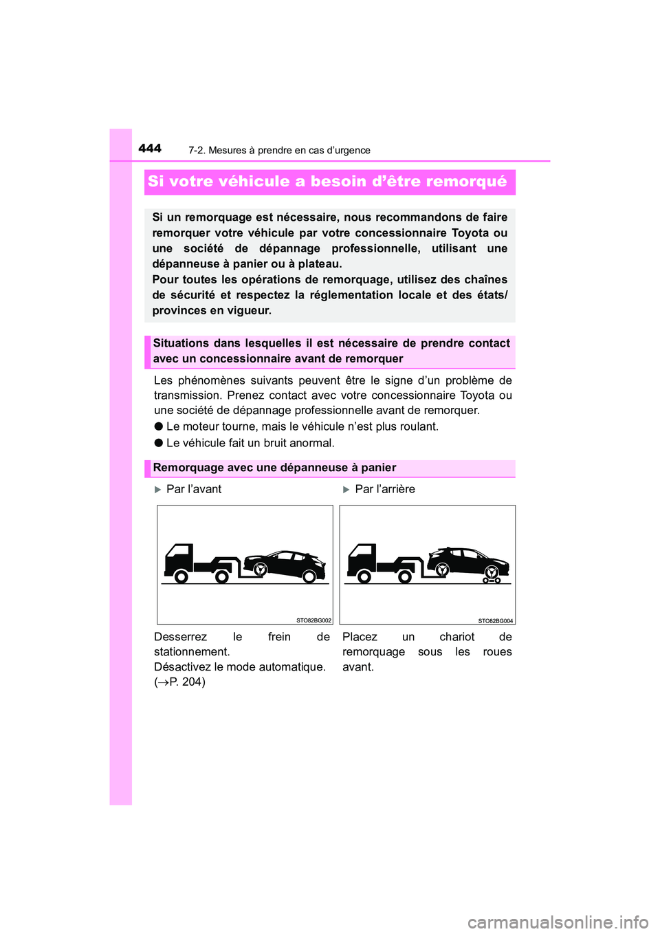 TOYOTA C-HR 2021 Manuel du propriétaire (in French) 4447-2. Mesures à prendre en cas d’urgence
C-HR_OM_USA_OM10684D
Si votre véhicule a besoin d’être remorqué
Les phénomènes suivants peuvent être le signe d’un problème de
transmission. Pr TOYOTA C-HR 2021 Manuel du propriétaire (in French) 4447-2. Mesures à prendre en cas d’urgence
C-HR_OM_USA_OM10684D
Si votre véhicule a besoin d’être remorqué
Les phénomènes suivants peuvent être le signe d’un problème de
transmission. Pr
