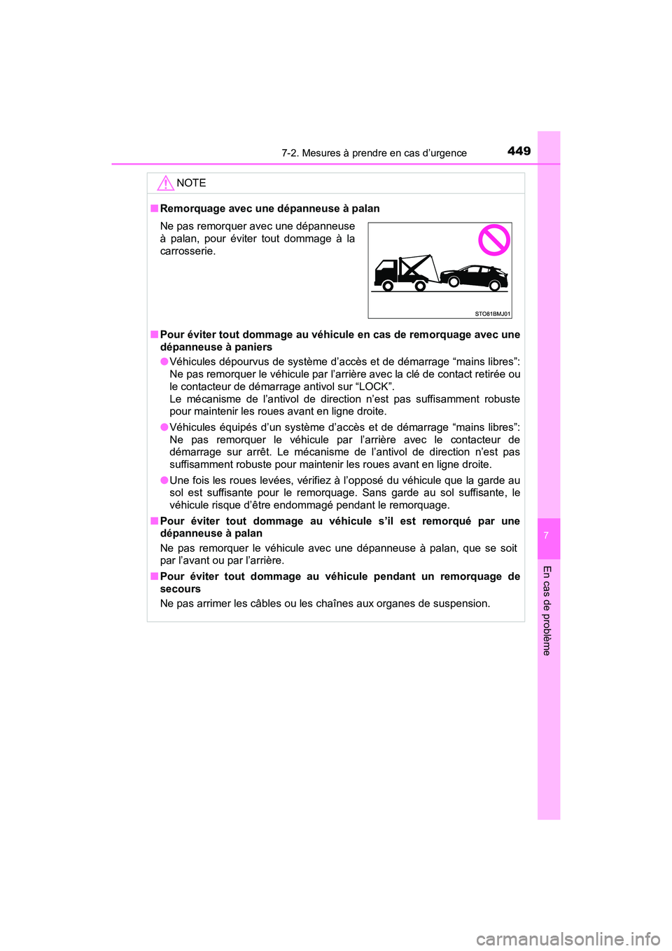 TOYOTA C-HR 2021 Manuel du propriétaire (in French) 4497-2. Mesures à prendre en cas d’urgence
7
En cas de problème
C-HR_OM_USA_OM10684D
NOTE
■Remorquage avec une dépanneuse à palan
■ Pour éviter tout dommage au véhicule en cas de remorquag TOYOTA C-HR 2021 Manuel du propriétaire (in French) 4497-2. Mesures à prendre en cas d’urgence
7
En cas de problème
C-HR_OM_USA_OM10684D
NOTE
■Remorquage avec une dépanneuse à palan
■ Pour éviter tout dommage au véhicule en cas de remorquag