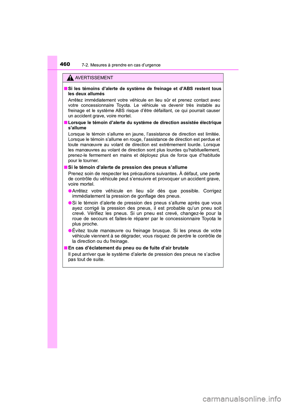 TOYOTA C-HR 2021 Manuel du propriétaire (in French) 4607-2. Mesures à prendre en cas d’urgence
C-HR_OM_USA_OM10684D
AVERTISSEMENT
■Si les témoins d’alerte de système de freinage et d’ABS restent tous
les deux allumés
Arrêtez immédiatemen TOYOTA C-HR 2021 Manuel du propriétaire (in French) 4607-2. Mesures à prendre en cas d’urgence
C-HR_OM_USA_OM10684D
AVERTISSEMENT
■Si les témoins d’alerte de système de freinage et d’ABS restent tous
les deux allumés
Arrêtez immédiatemen