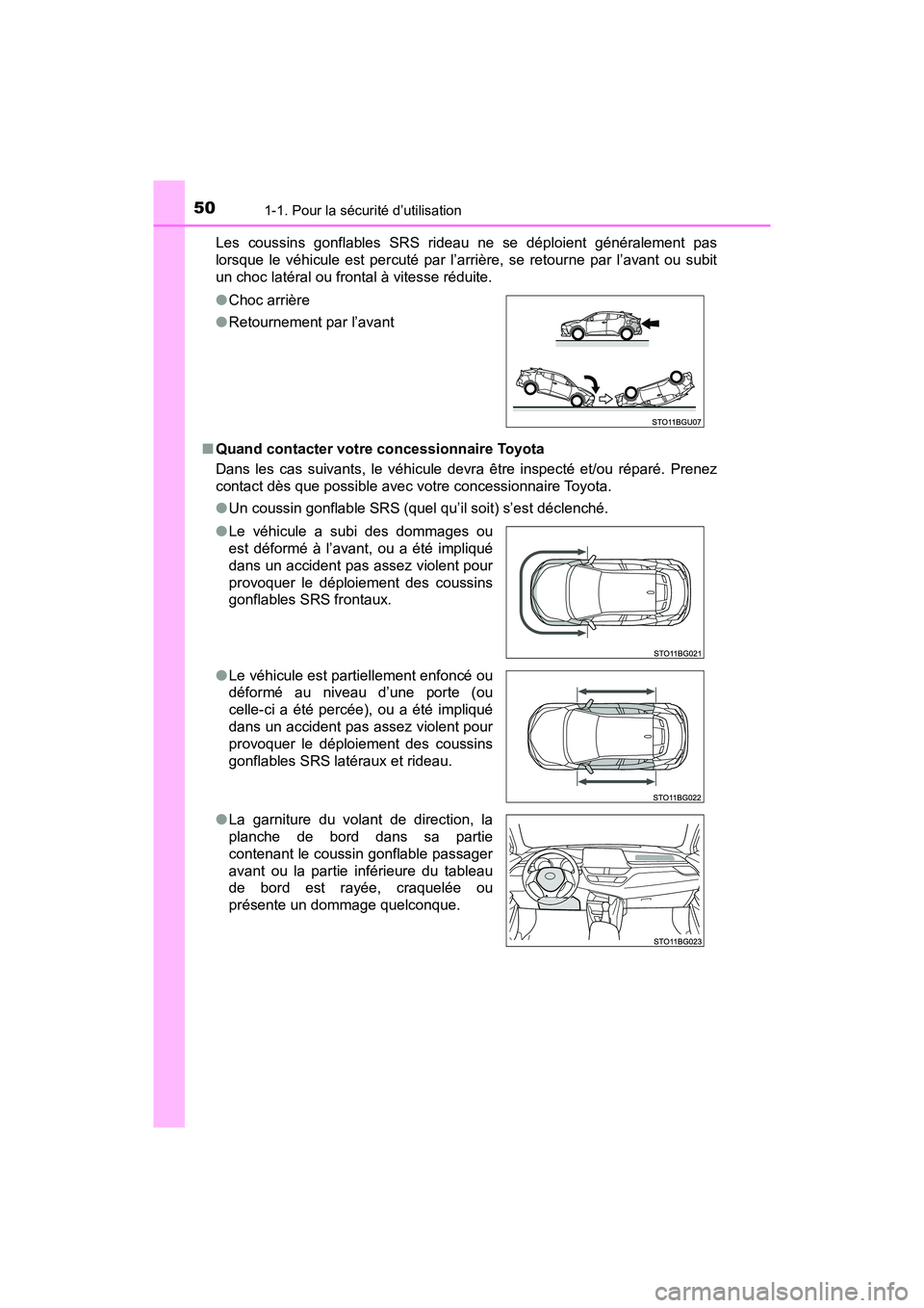 TOYOTA C-HR 2021  Manuel du propriétaire (in French) 501-1. Pour la sécurité d’utilisation
C-HR_OM_USA_OM10684DLes coussins gonflables SRS rideau ne se déploient généralement pas
lorsque le véhicule est percuté par l’arrière, se retourne par