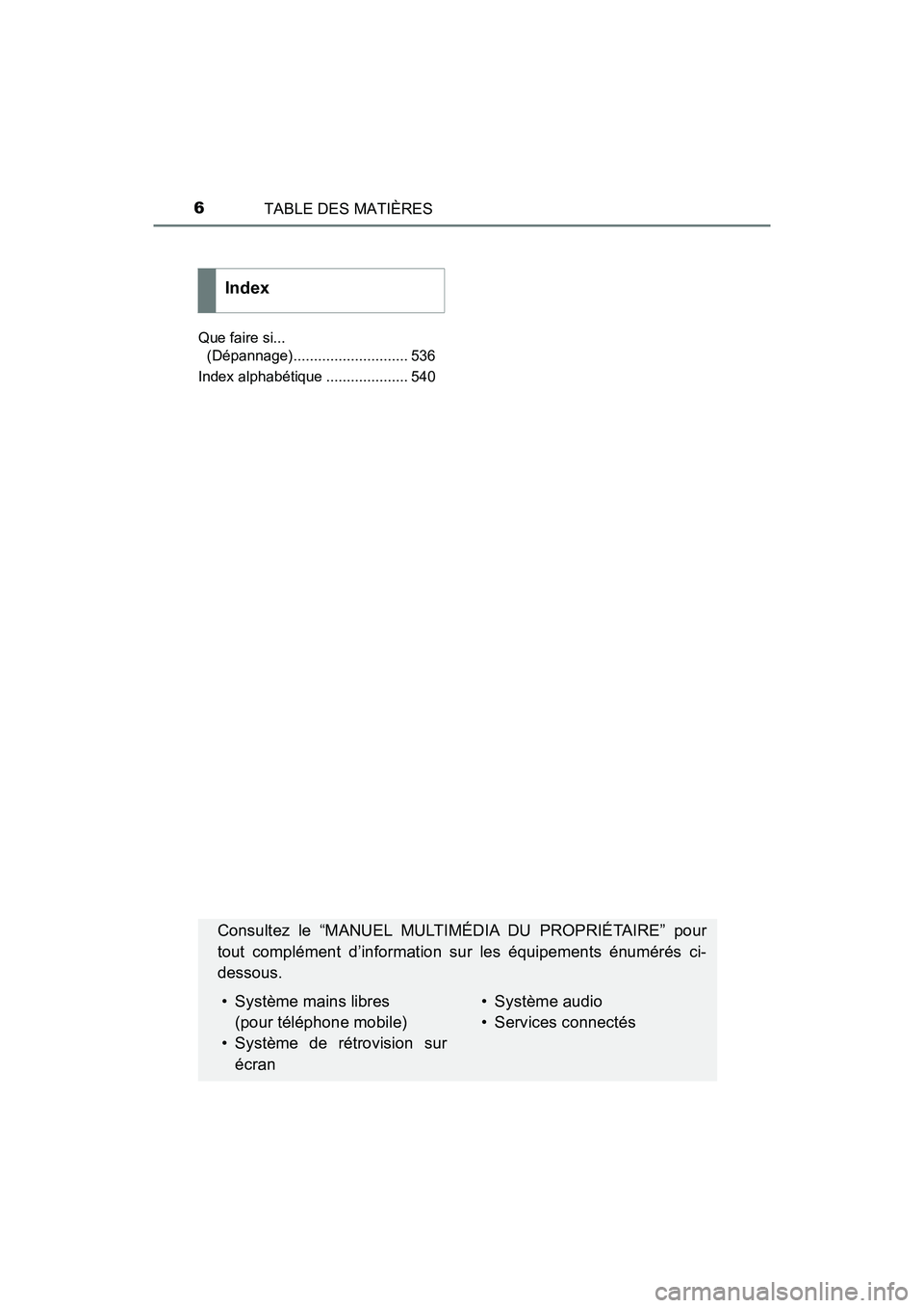 TOYOTA C-HR 2021  Manuel du propriétaire (in French) TABLE DES MATIÈRES6
C-HR_OM_USA_OM10684DQue faire si... 
(Dépannage)............................ 536
Index alphabétique .................... 540
Index
Consultez le “MANUEL MULTIMÉDIA DU PROPRIÉ