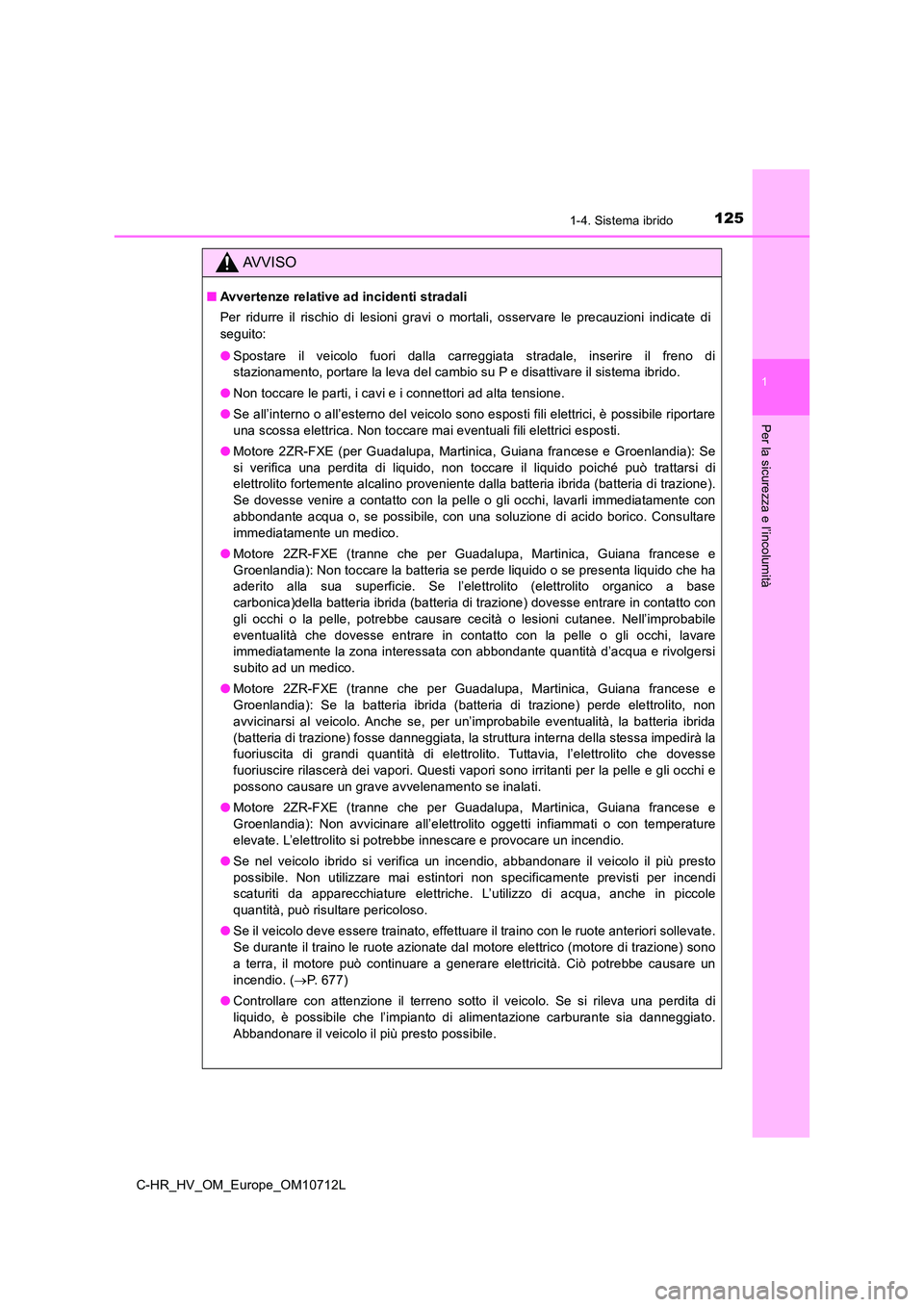 TOYOTA C-HR 2021 Manuale duso (in Italian) 1251-4. Sistema ibrido
1
Per la sicurezza e l’incolumità
C-HR_HV_OM_Europe_OM10712L
AVVISO
■Avvertenze relative ad incidenti stradali
Per ridurre il rischio di lesioni gravi o mortali, osservare TOYOTA C-HR 2021 Manuale duso (in Italian) 1251-4. Sistema ibrido
1
Per la sicurezza e l’incolumità
C-HR_HV_OM_Europe_OM10712L
AVVISO
■Avvertenze relative ad incidenti stradali
Per ridurre il rischio di lesioni gravi o mortali, osservare