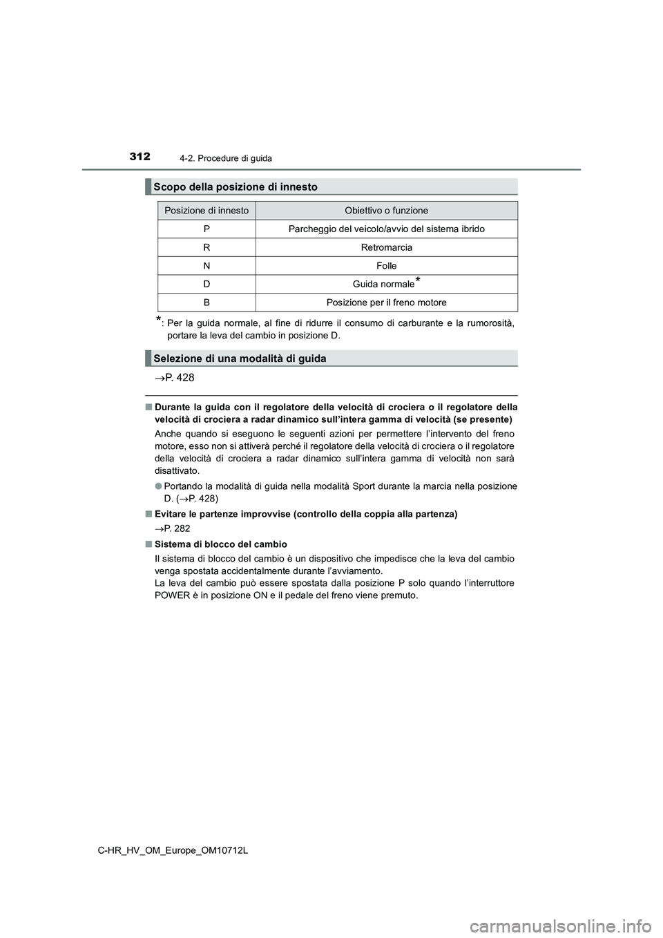 TOYOTA C-HR 2021  Manuale duso (in Italian) 3124-2. Procedure di guida
C-HR_HV_OM_Europe_OM10712L
*: Per la guida normale, al fine di ridurre il consumo di carburante e la rumorosità,
portare la leva del cambio in posizione D.
P. 428
■Dur