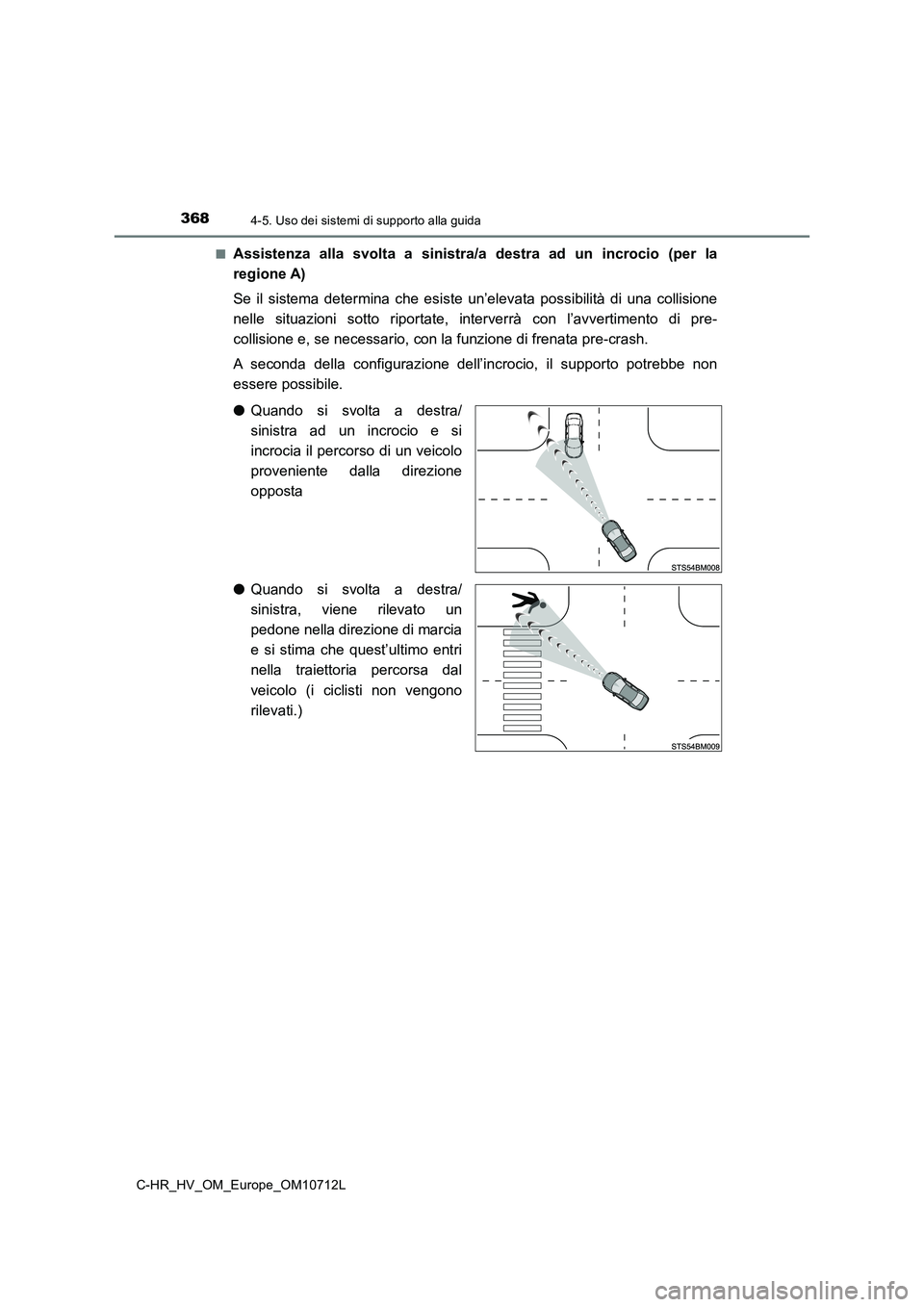 TOYOTA C-HR 2021 Manuale duso (in Italian) 3684-5. Uso dei sistemi di supporto alla guida
C-HR_HV_OM_Europe_OM10712L■
Assistenza alla svolta a sinistra/a destra ad un incrocio (per la
regione A)
Se il sistema determina che esiste un’elevat TOYOTA C-HR 2021 Manuale duso (in Italian) 3684-5. Uso dei sistemi di supporto alla guida
C-HR_HV_OM_Europe_OM10712L■
Assistenza alla svolta a sinistra/a destra ad un incrocio (per la
regione A)
Se il sistema determina che esiste un’elevat