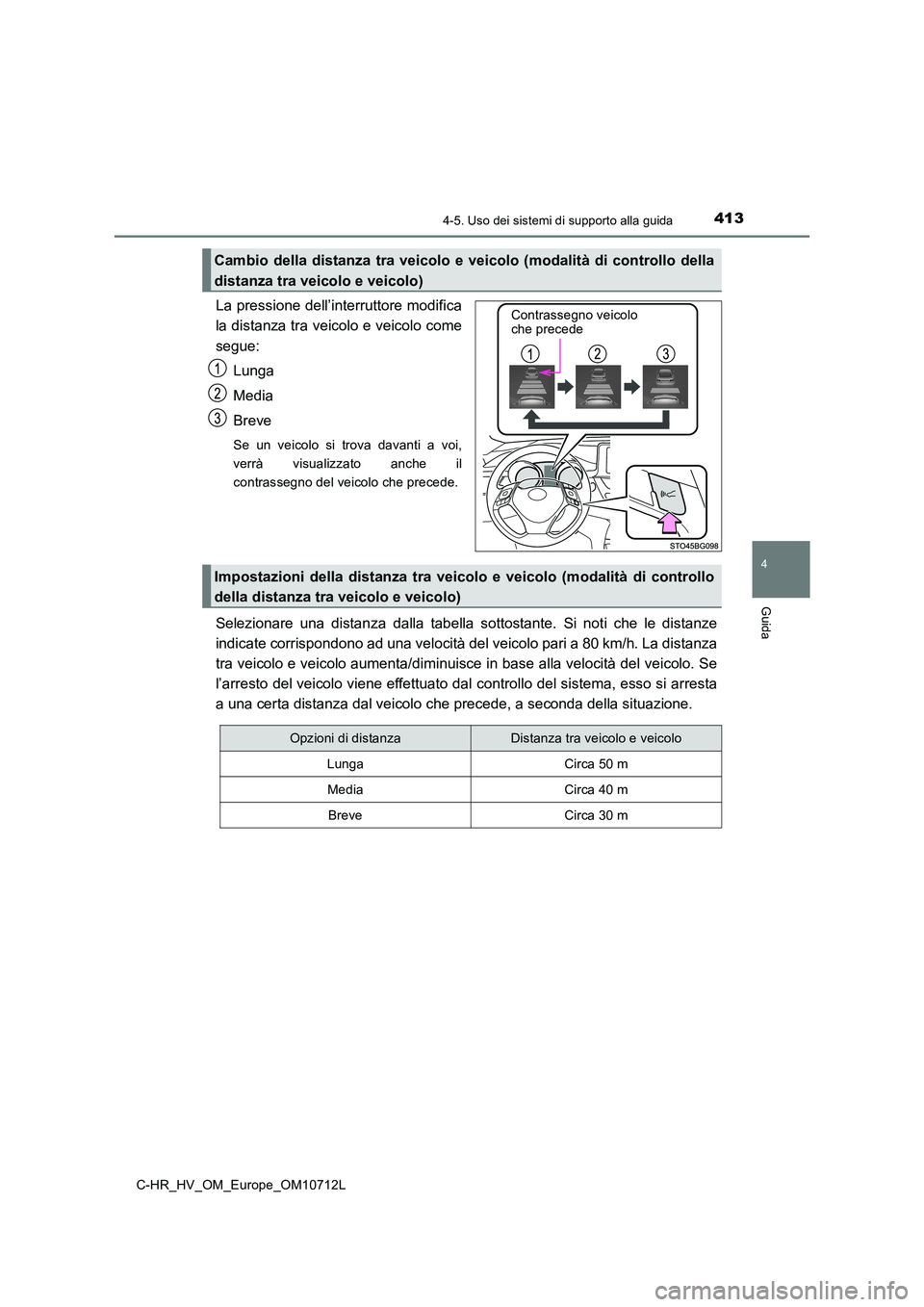 TOYOTA C-HR 2021 Manuale duso (in Italian) 4134-5. Uso dei sistemi di supporto alla guida
4
Guida
C-HR_HV_OM_Europe_OM10712L
La pressione dell’interruttore modifica
la distanza tra veicolo e veicolo come
segue:
Lunga
Media
Breve
Se un ve TOYOTA C-HR 2021 Manuale duso (in Italian) 4134-5. Uso dei sistemi di supporto alla guida
4
Guida
C-HR_HV_OM_Europe_OM10712L
La pressione dell’interruttore modifica
la distanza tra veicolo e veicolo come
segue:
Lunga
Media
Breve
Se un ve