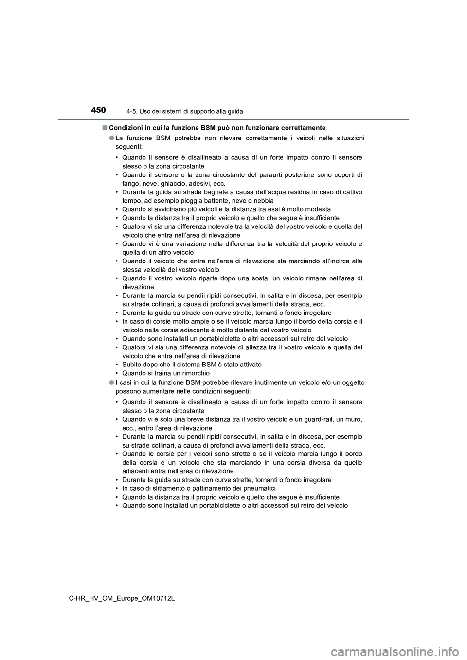 TOYOTA C-HR 2021  Manuale duso (in Italian) 4504-5. Uso dei sistemi di supporto alla guida
C-HR_HV_OM_Europe_OM10712L■Condizioni in cui la funzione BSM può non funzionare correttamente
●La funzione BSM potrebbe non rilevare correttamente i