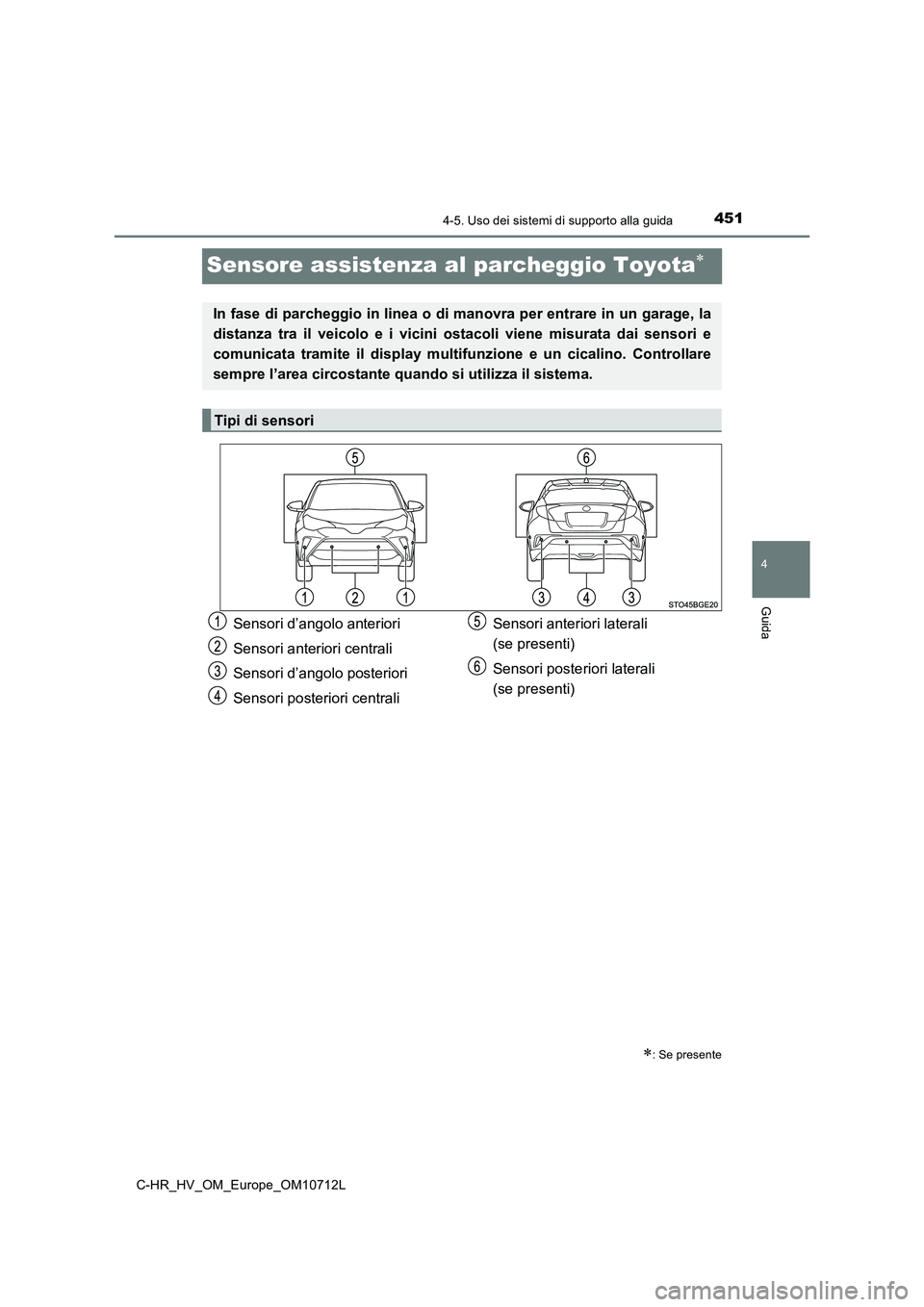 TOYOTA C-HR 2021  Manuale duso (in Italian) 451
4
4-5. Uso dei sistemi di supporto alla guida
Guida
C-HR_HV_OM_Europe_OM10712L
Sensore assistenza al parcheggio Toyota
: Se presente
In fase di parcheggio in linea o di manovra per entrare i