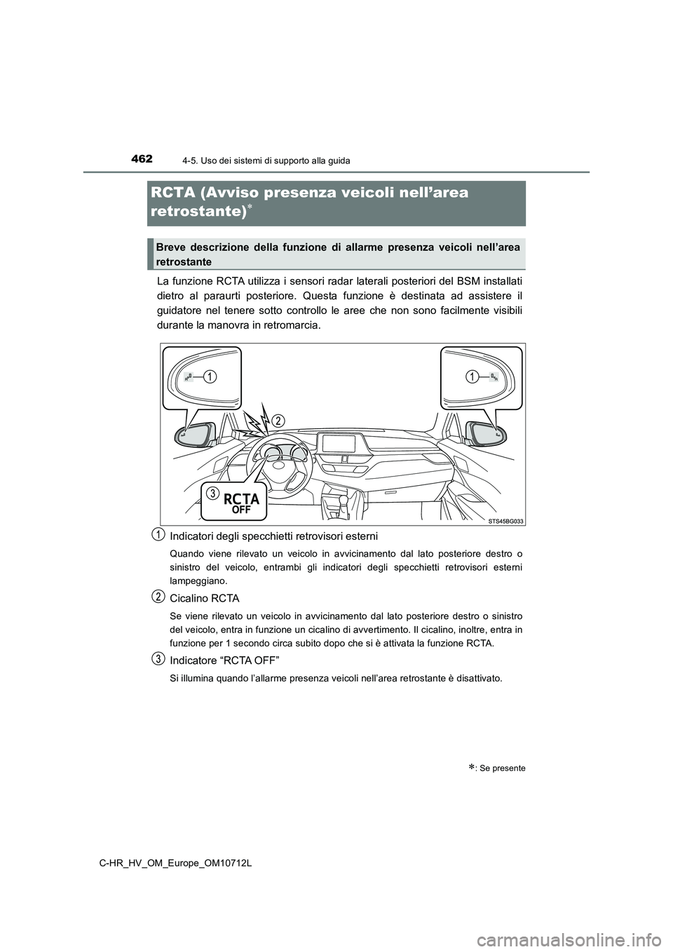 TOYOTA C-HR 2021  Manuale duso (in Italian) 4624-5. Uso dei sistemi di supporto alla guida
C-HR_HV_OM_Europe_OM10712L
RCTA (Avviso presenza veicoli nell’area 
retrostante)

La funzione RCTA utilizza i sensori radar laterali posteriori del 