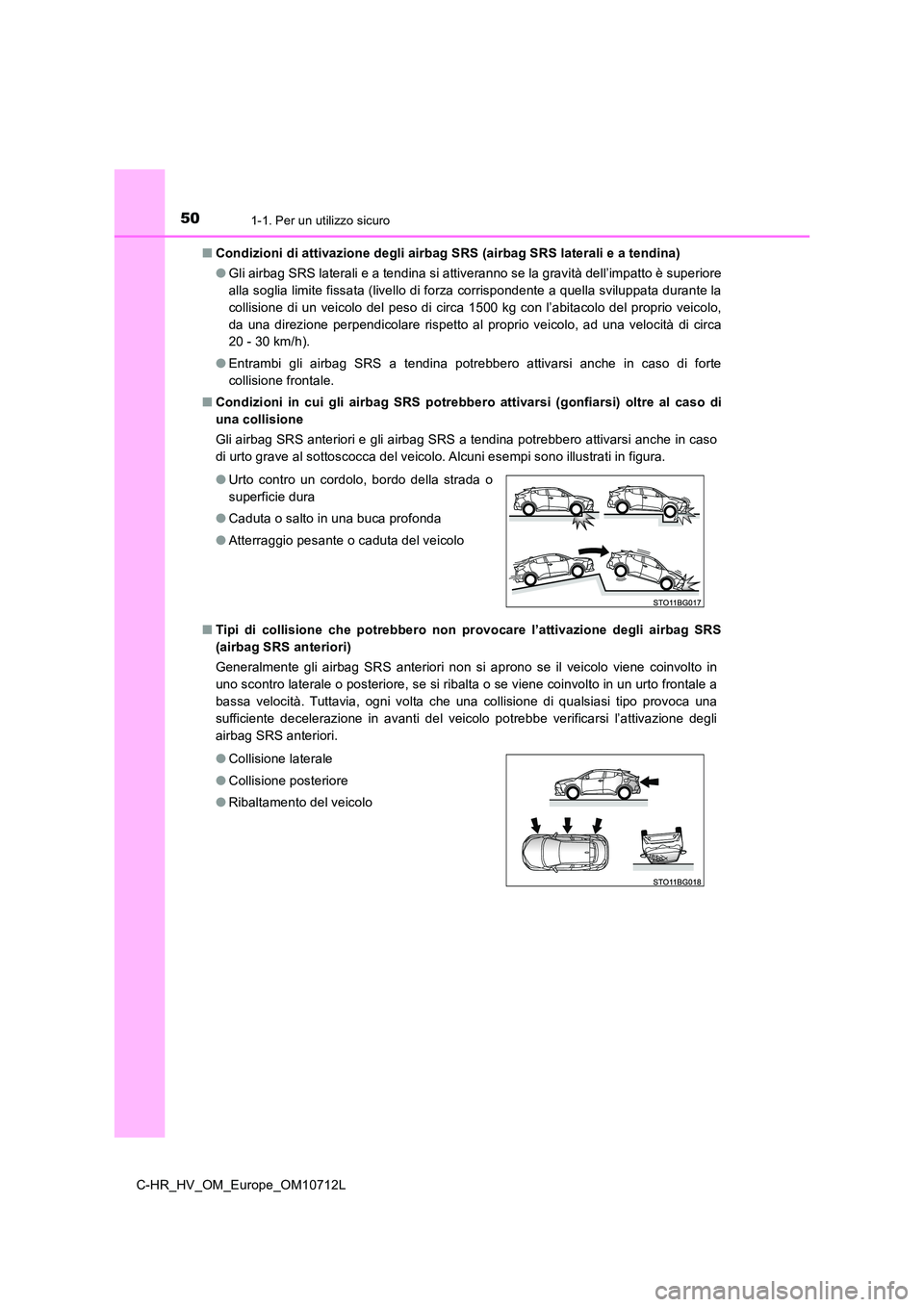 TOYOTA C-HR 2021 Manuale duso (in Italian) 501-1. Per un utilizzo sicuro
C-HR_HV_OM_Europe_OM10712L
■ Condizioni di attivazione degli airbag SRS (airbag SRS laterali e a tendina)
● Gli airbag SRS laterali e a tendina si attiveranno se la TOYOTA C-HR 2021 Manuale duso (in Italian) 501-1. Per un utilizzo sicuro
C-HR_HV_OM_Europe_OM10712L
■ Condizioni di attivazione degli airbag SRS (airbag SRS laterali e a tendina)
● Gli airbag SRS laterali e a tendina si attiveranno se la