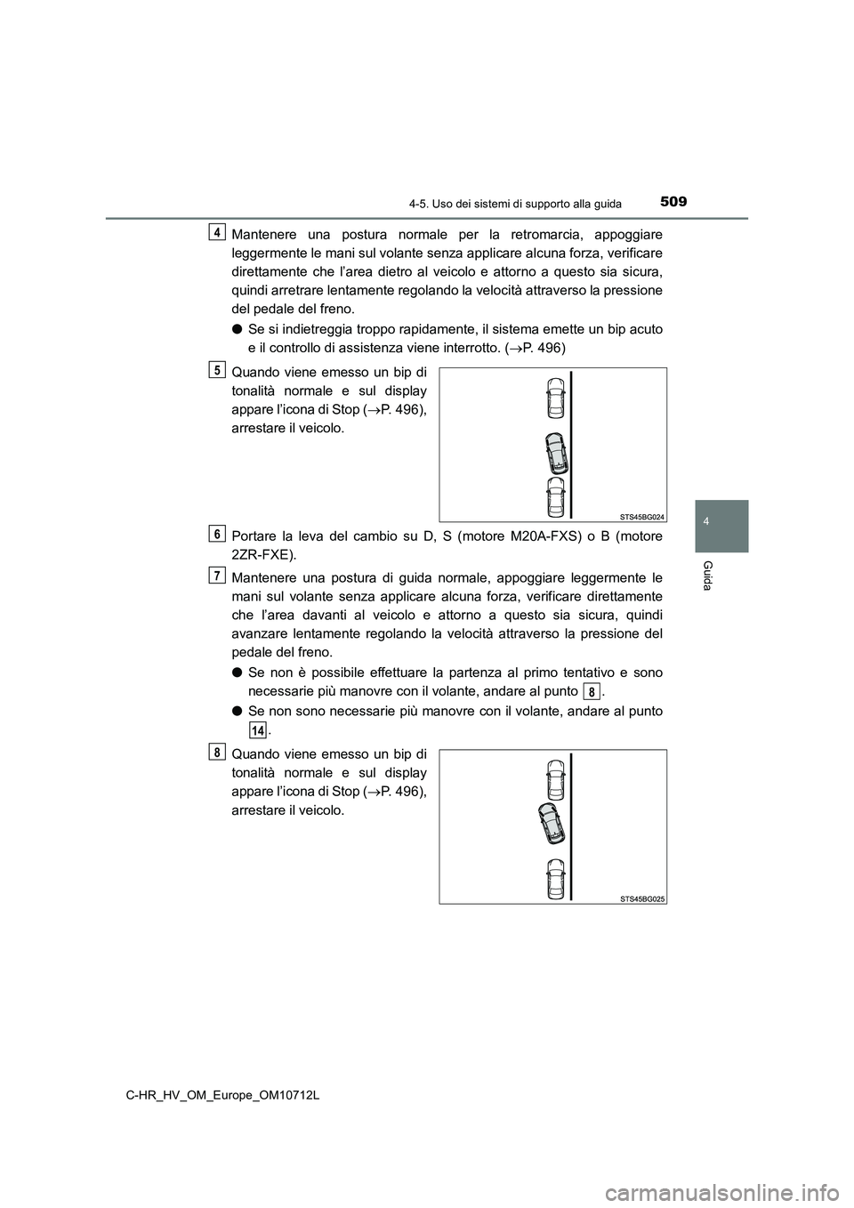 TOYOTA C-HR 2021  Manuale duso (in Italian) 5094-5. Uso dei sistemi di supporto alla guida
4
Guida
C-HR_HV_OM_Europe_OM10712L
Mantenere una postura normale per la retromarcia, appoggiare 
leggermente le mani sul volante senza applicare alcuna f
