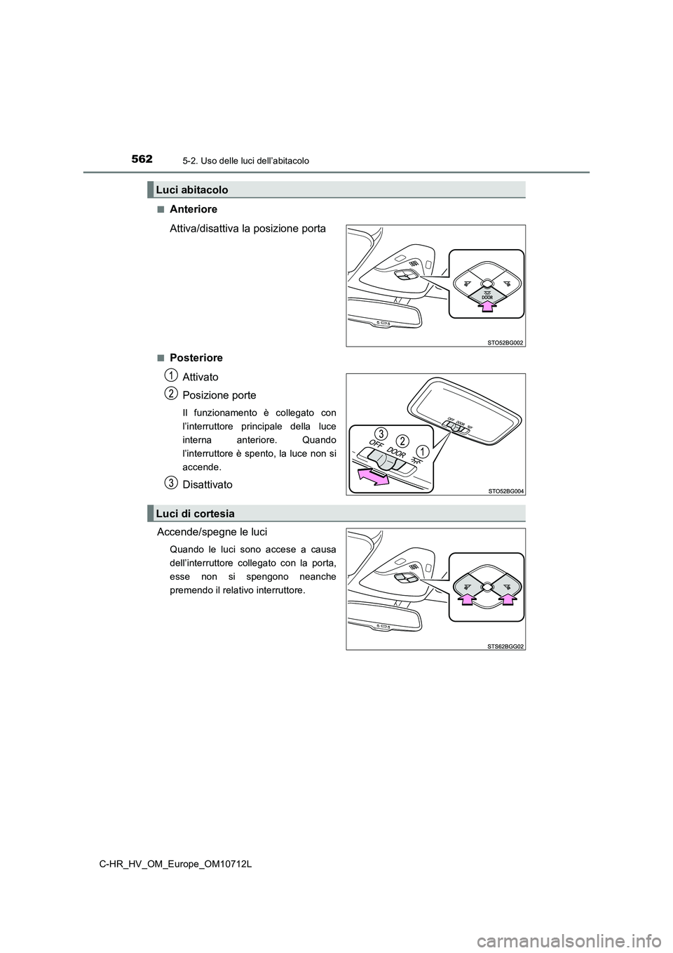 TOYOTA C-HR 2021 Manuale duso (in Italian) 5625-2. Uso delle luci dell’abitacolo
C-HR_HV_OM_Europe_OM10712L■
Anteriore
Attiva/disattiva la posizione porta
■Posteriore
Attivato
Posizione porte
Il funzionamento è collegato con
l’interru TOYOTA C-HR 2021 Manuale duso (in Italian) 5625-2. Uso delle luci dell’abitacolo
C-HR_HV_OM_Europe_OM10712L■
Anteriore
Attiva/disattiva la posizione porta
■Posteriore
Attivato
Posizione porte
Il funzionamento è collegato con
l’interru