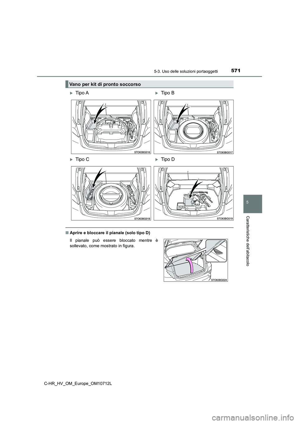 TOYOTA C-HR 2021  Manuale duso (in Italian) 5715-3. Uso delle soluzioni portaoggetti
C-HR_HV_OM_Europe_OM10712L
5
Caratteristiche dell’abitacolo
■Aprire e bloccare il pianale (solo tipo D)
Vano per kit di pronto soccorso
Tipo ATipo B
