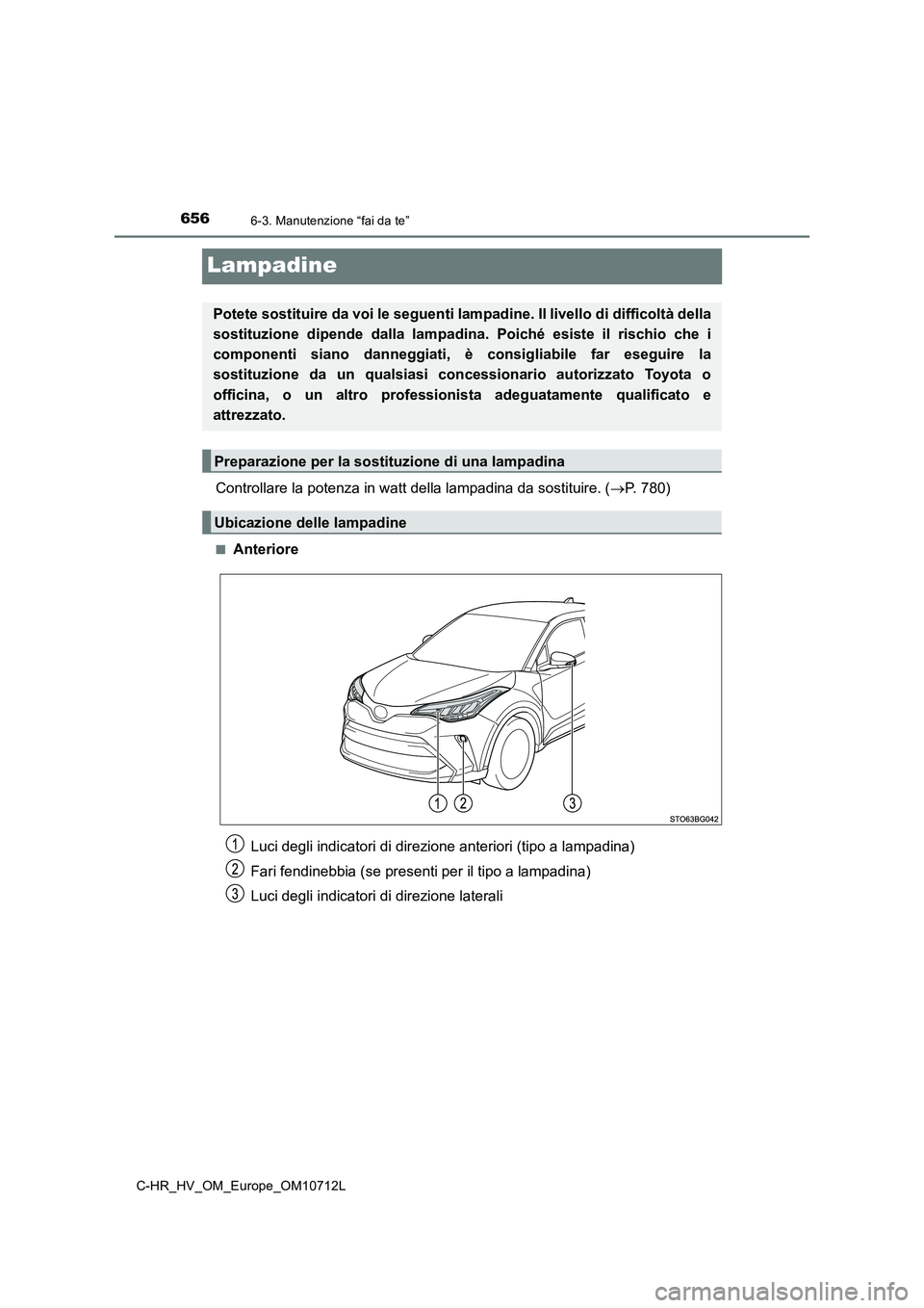 TOYOTA C-HR 2021 Manuale duso (in Italian) 6566-3. Manutenzione “fai da te”
C-HR_HV_OM_Europe_OM10712L
Lampadine
Controllare la potenza in watt della lampadina da sostituire. (P. 780)
■Anteriore
Potete sostituire da voi le seguenti la TOYOTA C-HR 2021 Manuale duso (in Italian) 6566-3. Manutenzione “fai da te”
C-HR_HV_OM_Europe_OM10712L
Lampadine
Controllare la potenza in watt della lampadina da sostituire. (P. 780)
■Anteriore
Potete sostituire da voi le seguenti la