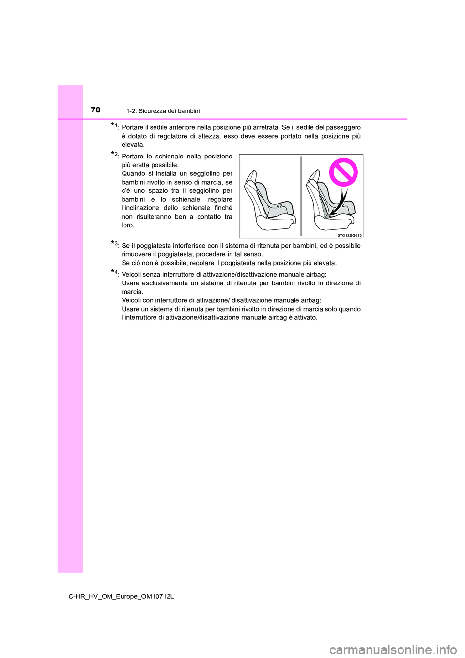 TOYOTA C-HR 2021 Manuale duso (in Italian) 701-2. Sicurezza dei bambini
C-HR_HV_OM_Europe_OM10712L
*1: Portare il sedile anteriore nella posizione più arretrata. Se il sedile del passeggero
è dotato di regolatore di altezza, esso deve esser TOYOTA C-HR 2021 Manuale duso (in Italian) 701-2. Sicurezza dei bambini
C-HR_HV_OM_Europe_OM10712L
*1: Portare il sedile anteriore nella posizione più arretrata. Se il sedile del passeggero
è dotato di regolatore di altezza, esso deve esser