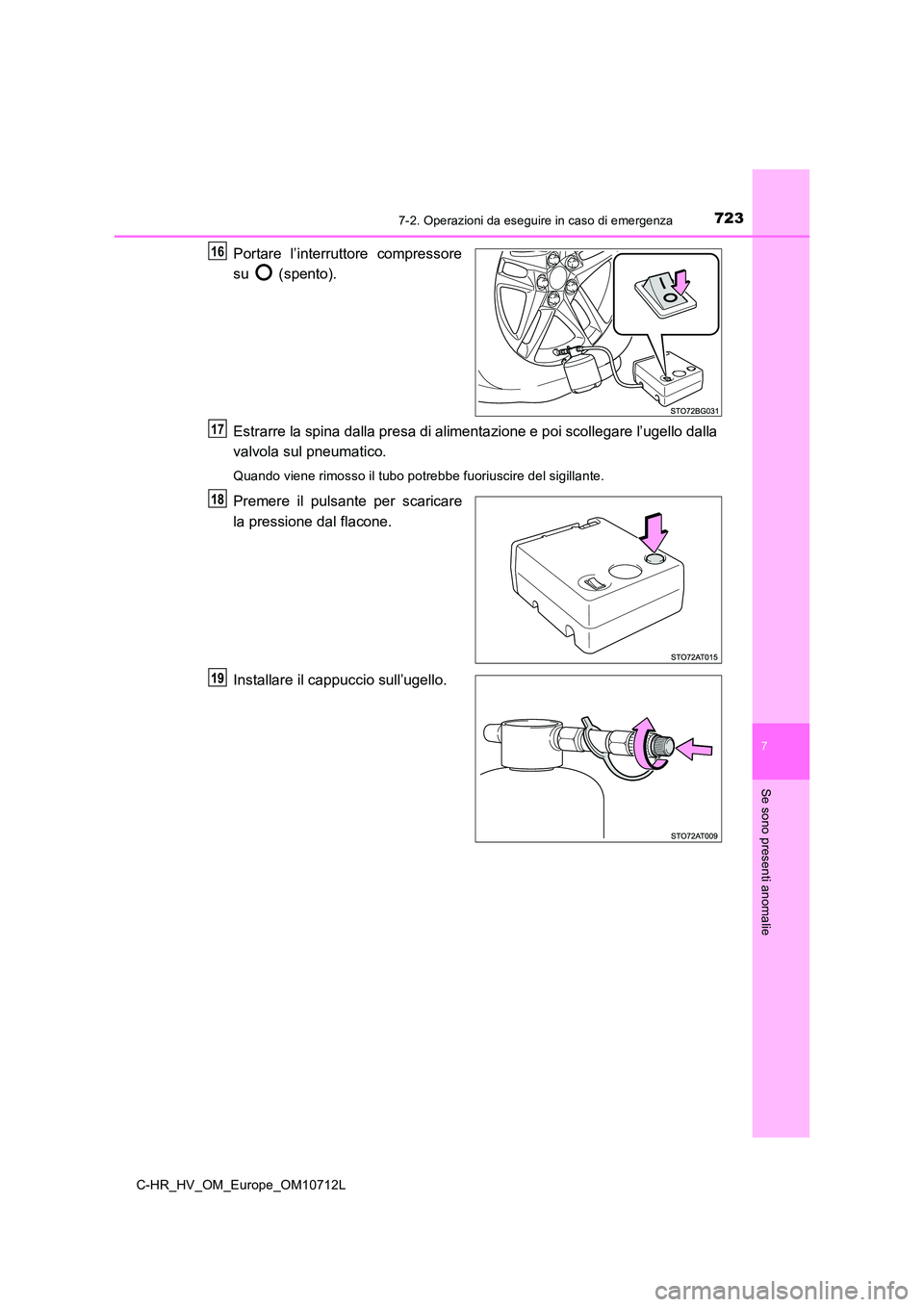 TOYOTA C-HR 2021 Manuale duso (in Italian) 7237-2. Operazioni da eseguire in caso di emergenza
C-HR_HV_OM_Europe_OM10712L
7
Se sono presenti anomalie
Portare l’interruttore compressore
su (spento).
Estrarre la spina dalla presa di al imen TOYOTA C-HR 2021 Manuale duso (in Italian) 7237-2. Operazioni da eseguire in caso di emergenza
C-HR_HV_OM_Europe_OM10712L
7
Se sono presenti anomalie
Portare l’interruttore compressore
su (spento).
Estrarre la spina dalla presa di al imen