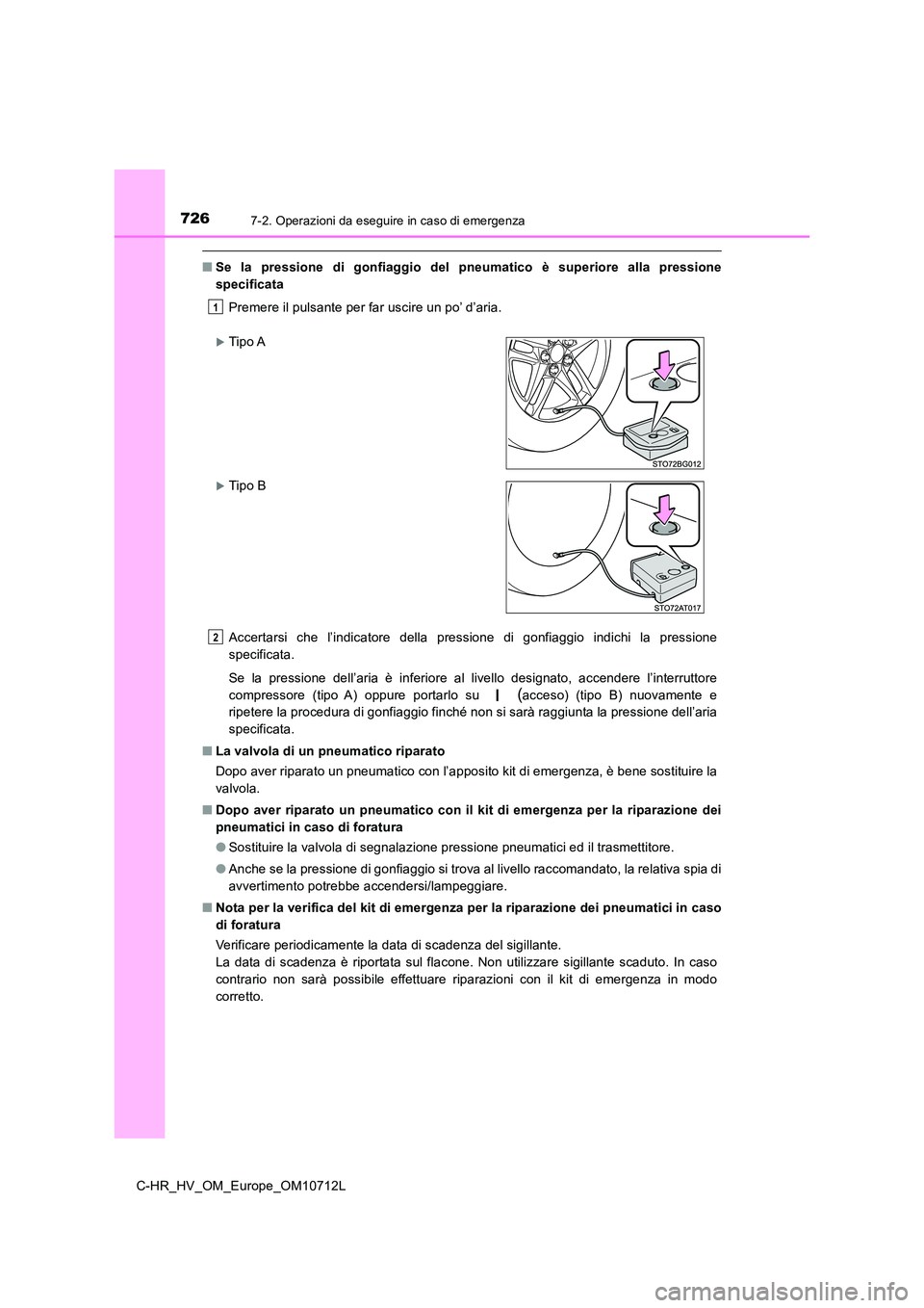 TOYOTA C-HR 2021 Manuale duso (in Italian) 7267-2. Operazioni da eseguire in caso di emergenza
C-HR_HV_OM_Europe_OM10712L
■Se la pressione di gonfiaggio del pneumatico è superiore alla pressione
specificata
Premere il pulsante per far usc TOYOTA C-HR 2021 Manuale duso (in Italian) 7267-2. Operazioni da eseguire in caso di emergenza
C-HR_HV_OM_Europe_OM10712L
■Se la pressione di gonfiaggio del pneumatico è superiore alla pressione
specificata
Premere il pulsante per far usc