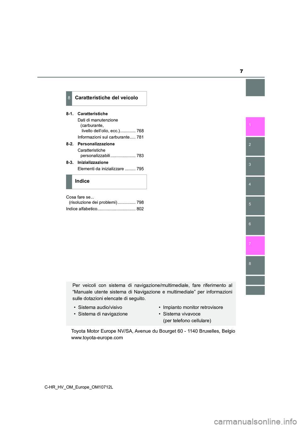 TOYOTA C-HR 2021  Manuale duso (in Italian) 7
1 
5 
4
3
2
C-HR_HV_OM_Europe_OM10712L
8
7
6
8-1. Caratteristiche 
Dati di manutenzione  
(carburante, 
 livello dell’olio, ecc.) ............. 768 
Informazioni sul carburante..... 781 
8-2. Pers