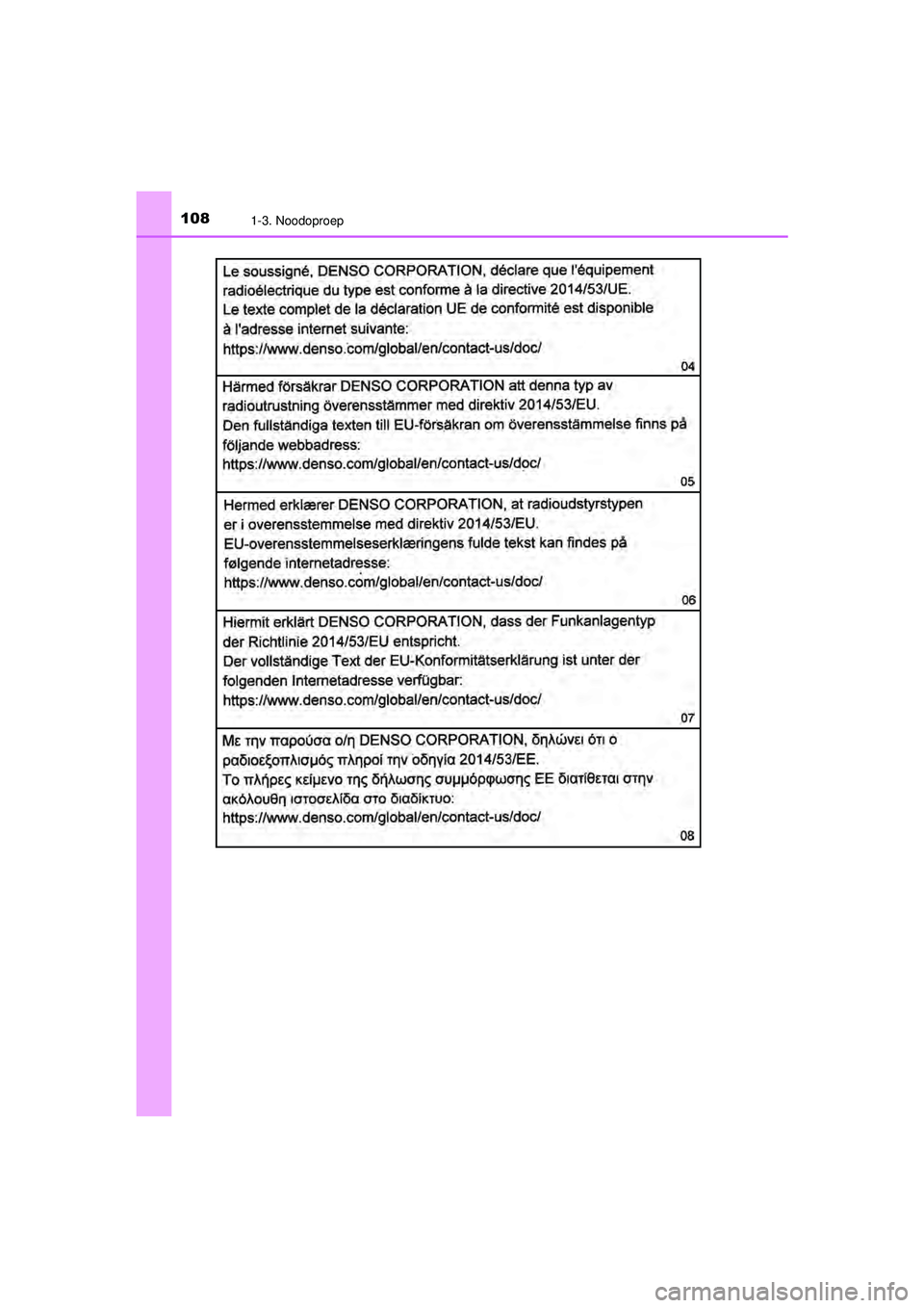 TOYOTA C-HR 2021  Instructieboekje (in Dutch) 1081-3. Noodoproep
C-HR_HV_OM_Europe_OM10566E
C-HR_HV_OM_Europe_OM10566E.book  Page 108  Tuesday, October 20, 2020  9:44 AM 