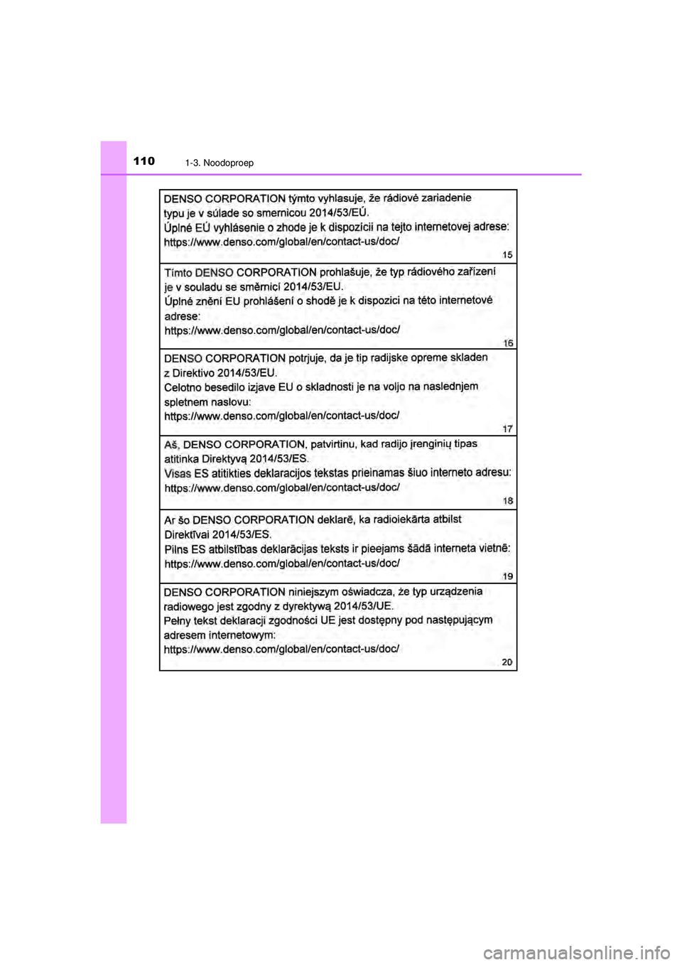 TOYOTA C-HR 2021  Instructieboekje (in Dutch) 1101-3. Noodoproep
C-HR_HV_OM_Europe_OM10566E
C-HR_HV_OM_Europe_OM10566E.book  Page 110  Tuesday, October 20, 2020  9:44 AM 