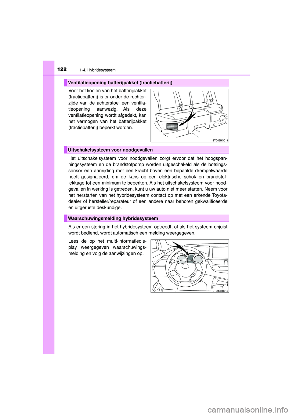 TOYOTA C-HR 2021 Instructieboekje (in Dutch) 1221-4. Hybridesysteem
C-HR_HV_OM_Europe_OM10566E
Voor het koelen van het batterijpakket
(tractiebatterij) is er onder de rechter-
zijde van de achterstoel een ventila-
tieopening aanwezig. Als deze
v TOYOTA C-HR 2021 Instructieboekje (in Dutch) 1221-4. Hybridesysteem
C-HR_HV_OM_Europe_OM10566E
Voor het koelen van het batterijpakket
(tractiebatterij) is er onder de rechter-
zijde van de achterstoel een ventila-
tieopening aanwezig. Als deze
v