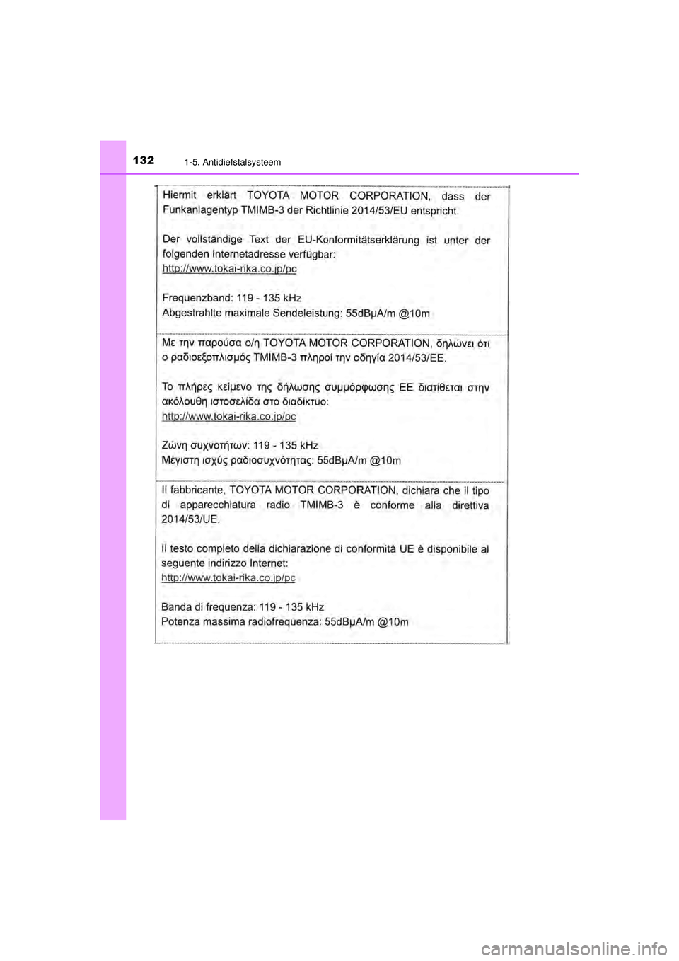 TOYOTA C-HR 2021  Instructieboekje (in Dutch) 1321-5. Antidiefstalsysteem
C-HR_HV_OM_Europe_OM10566E
C-HR_HV_OM_Europe_OM10566E.book  Page 132  Tuesday, October 20, 2020  9:44 AM 
