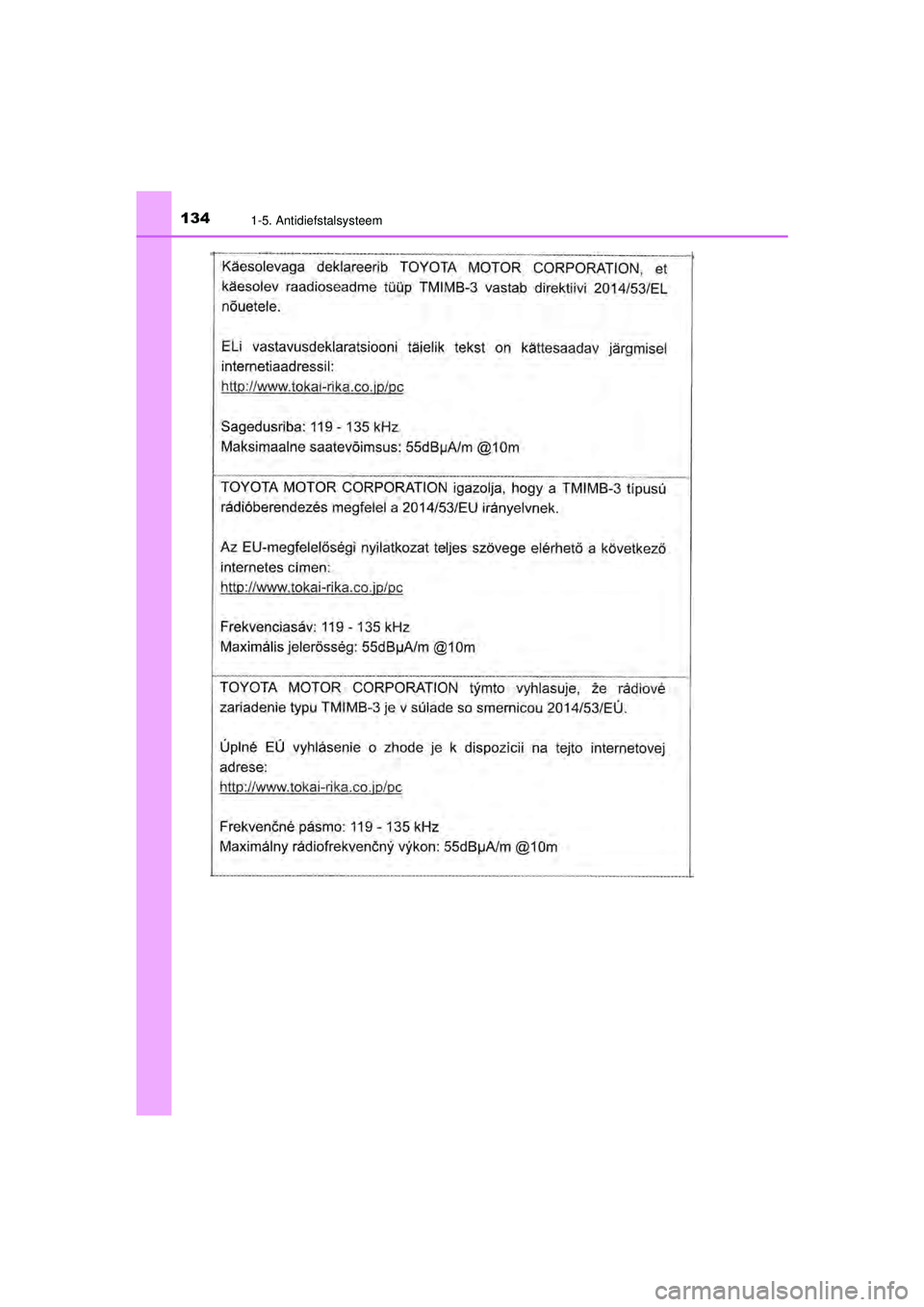TOYOTA C-HR 2021  Instructieboekje (in Dutch) 1341-5. Antidiefstalsysteem
C-HR_HV_OM_Europe_OM10566E
C-HR_HV_OM_Europe_OM10566E.book  Page 134  Tuesday, October 20, 2020  9:44 AM 