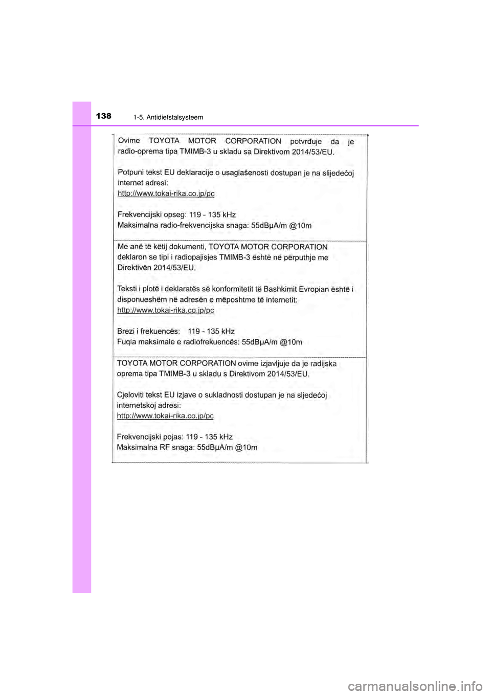 TOYOTA C-HR 2021  Instructieboekje (in Dutch) 1381-5. Antidiefstalsysteem
C-HR_HV_OM_Europe_OM10566E
C-HR_HV_OM_Europe_OM10566E.book  Page 138  Tuesday, October 20, 2020  9:44 AM 