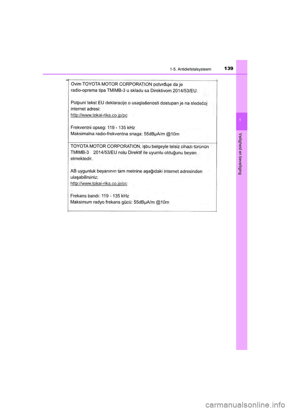 TOYOTA C-HR 2021  Instructieboekje (in Dutch) 1391-5. Antidiefstalsysteem
1
Veiligheid en beveiliging
C-HR_HV_OM_Europe_OM10566E
C-HR_HV_OM_Europe_OM10566E.book  Page 139  Tuesday, October 20, 2020  9:44 AM 