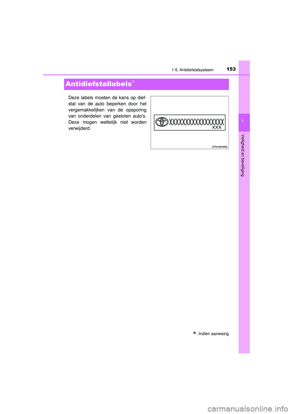 TOYOTA C-HR 2021  Instructieboekje (in Dutch) 153
1
1-5. Antidiefstalsysteem
Veiligheid en beveiliging
C-HR_HV_OM_Europe_OM10566E
Antidiefstallabels
Deze labels moeten de kans op dief-
stal van de auto beperken door het
vergemakkelijken van de