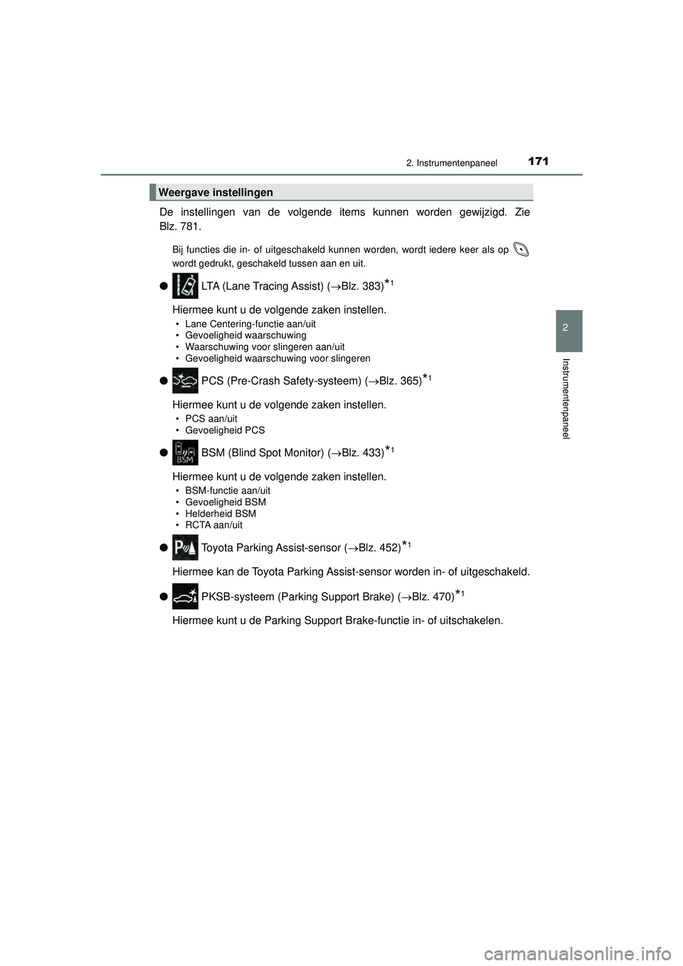 TOYOTA C-HR 2021 Instructieboekje (in Dutch) 1712. Instrumentenpaneel
2
Instrumentenpaneel
C-HR_HV_OM_Europe_OM10566E
De instellingen van de volgende items kunnen worden gewijzigd. Zie
Blz. 781.
Bij functies die in- of uitgeschakeld kunnen worde TOYOTA C-HR 2021 Instructieboekje (in Dutch) 1712. Instrumentenpaneel
2
Instrumentenpaneel
C-HR_HV_OM_Europe_OM10566E
De instellingen van de volgende items kunnen worden gewijzigd. Zie
Blz. 781.
Bij functies die in- of uitgeschakeld kunnen worde