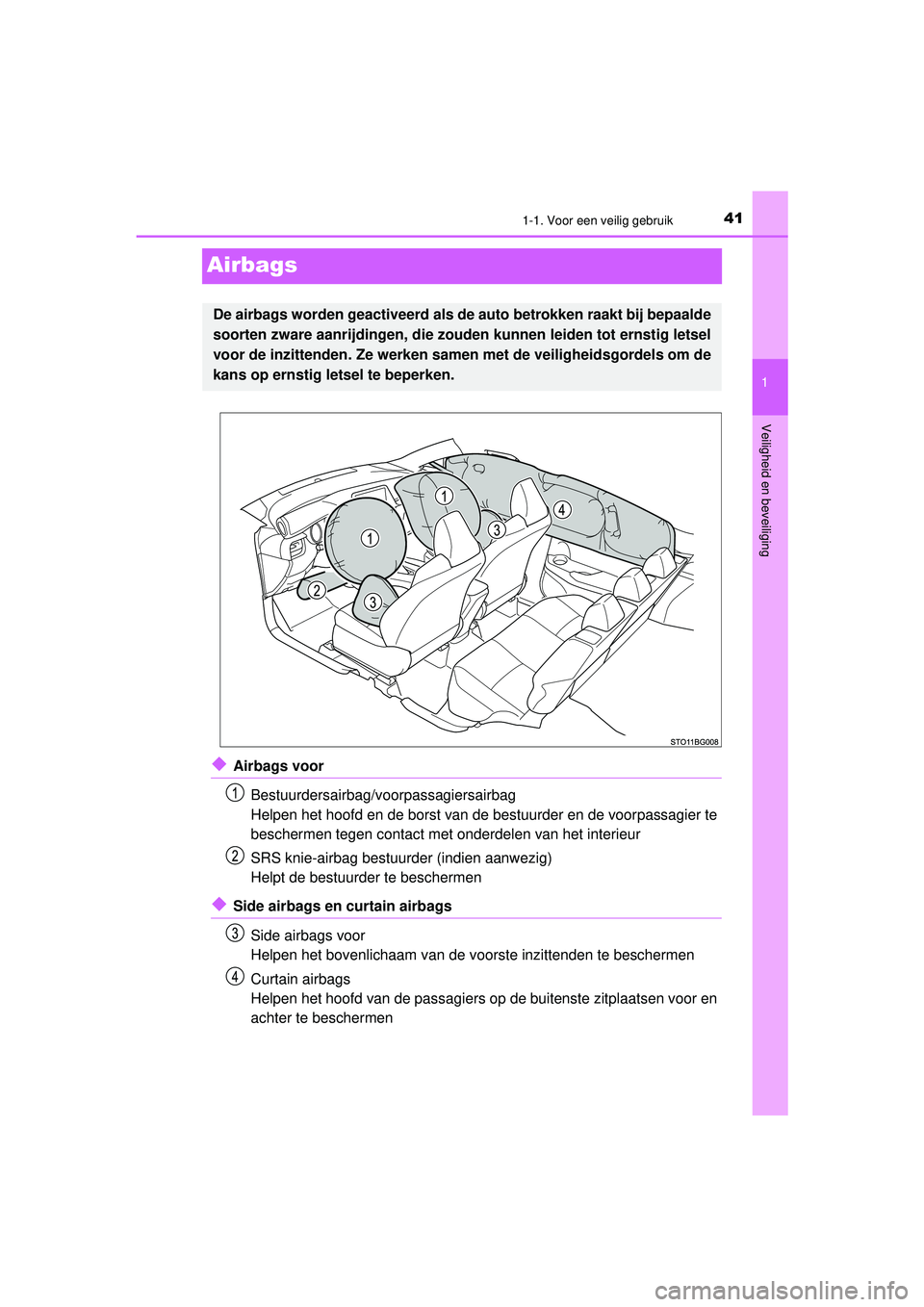 TOYOTA C-HR 2021  Instructieboekje (in Dutch) 411-1. Voor een veilig gebruik
1
Veiligheid en beveiliging
C-HR_HV_OM_Europe_OM10566E
Airbags
◆Airbags voorBestuurdersairbag/voorpassagiersairbag
Helpen het hoofd en de borst van de bestuurder en de
